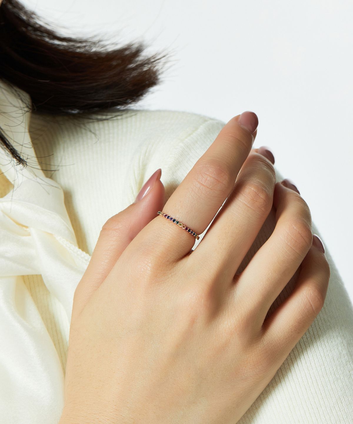 엘렌쥬얼리(HELENE JEWELRY) 14K 18K 레인보우 큐빅 슬림 라인 미스 링 금 반지