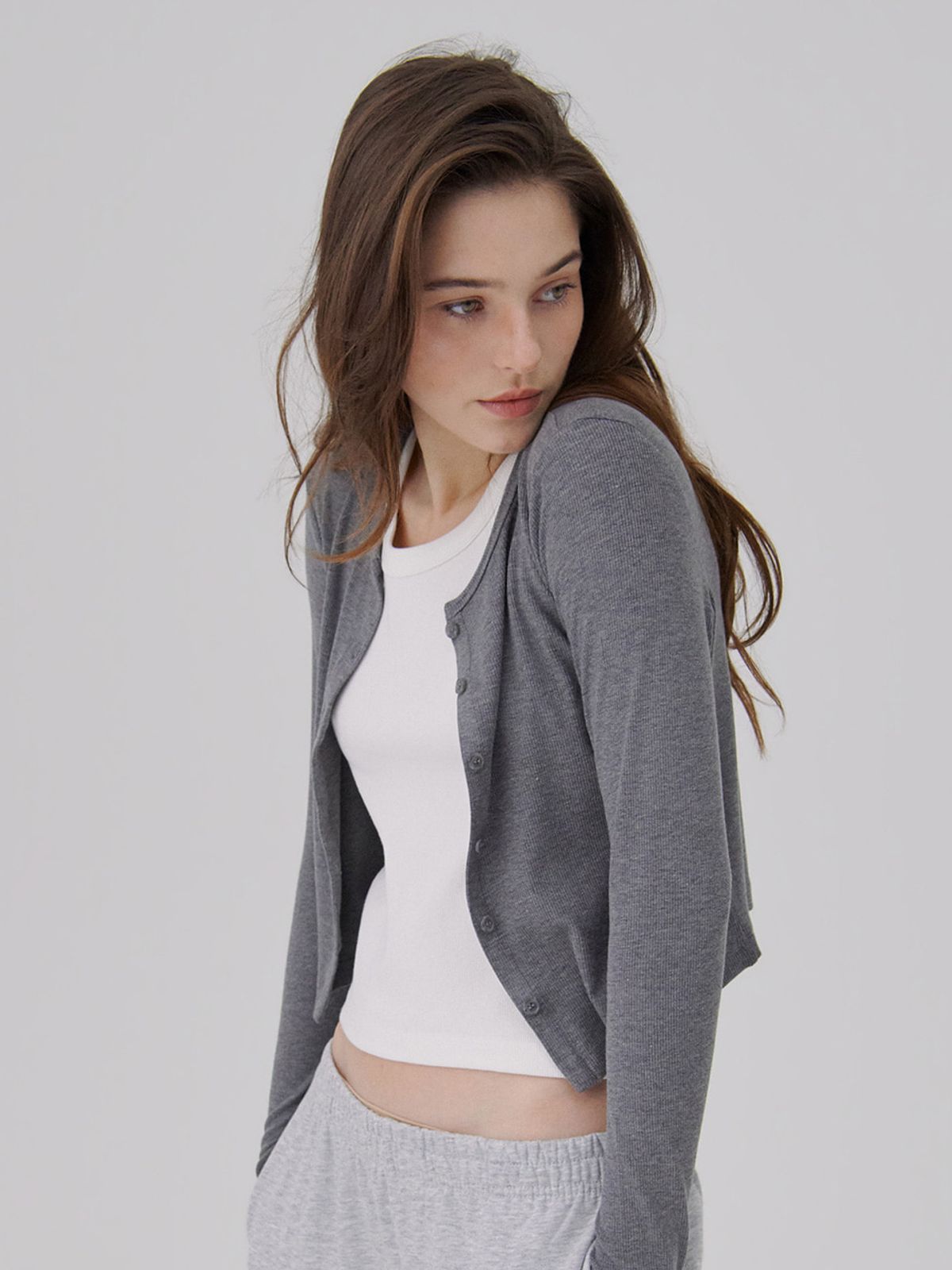 웨이브유니온(WAVE UNION) Crew neck Rib Cardigan Heather dark gray