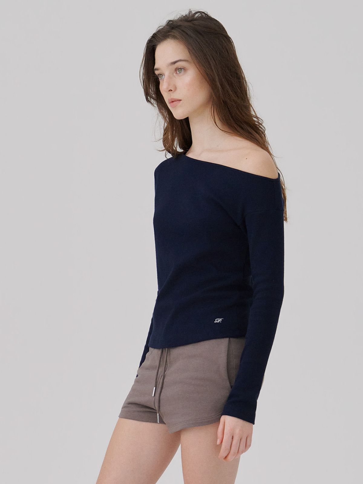 웨이브유니온(WAVE UNION) One shoulder Soft rib Long sleeve top Navy