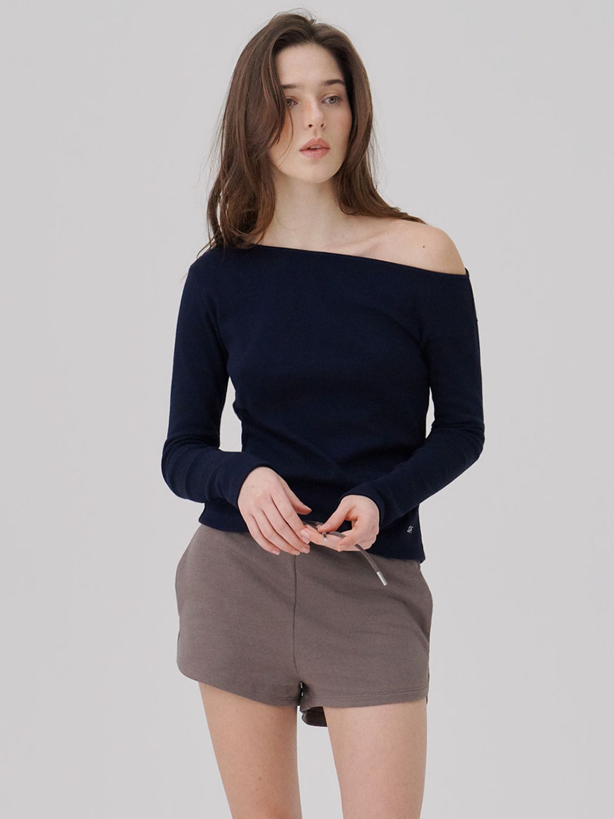 웨이브유니온(WAVE UNION) One shoulder Soft rib Long sleeve top Navy
