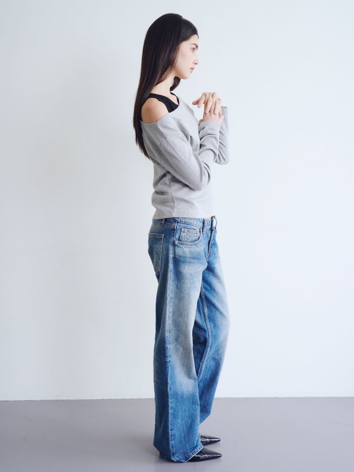 웨이브유니온(WAVE UNION) One shoulder Soft rib Long sleeve top Heather dark gray