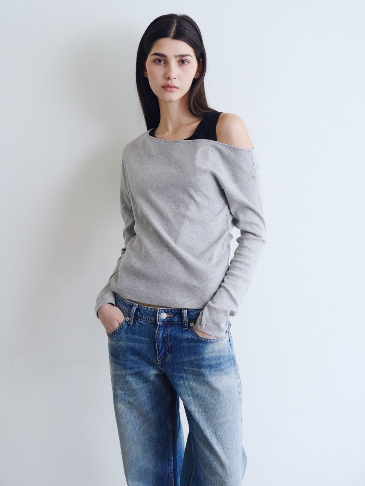 웨이브유니온(WAVE UNION) One shoulder Soft rib Long sleeve top Heather dark gray