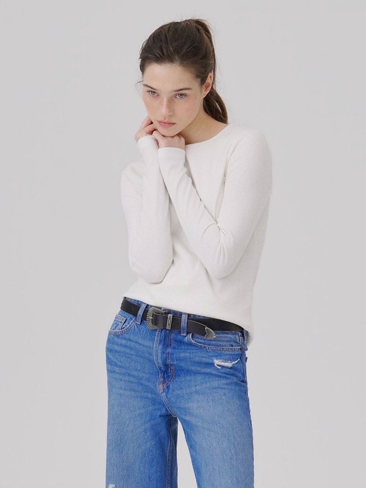 웨이브유니온(WAVE UNION) Binding Rib Long sleeve top White