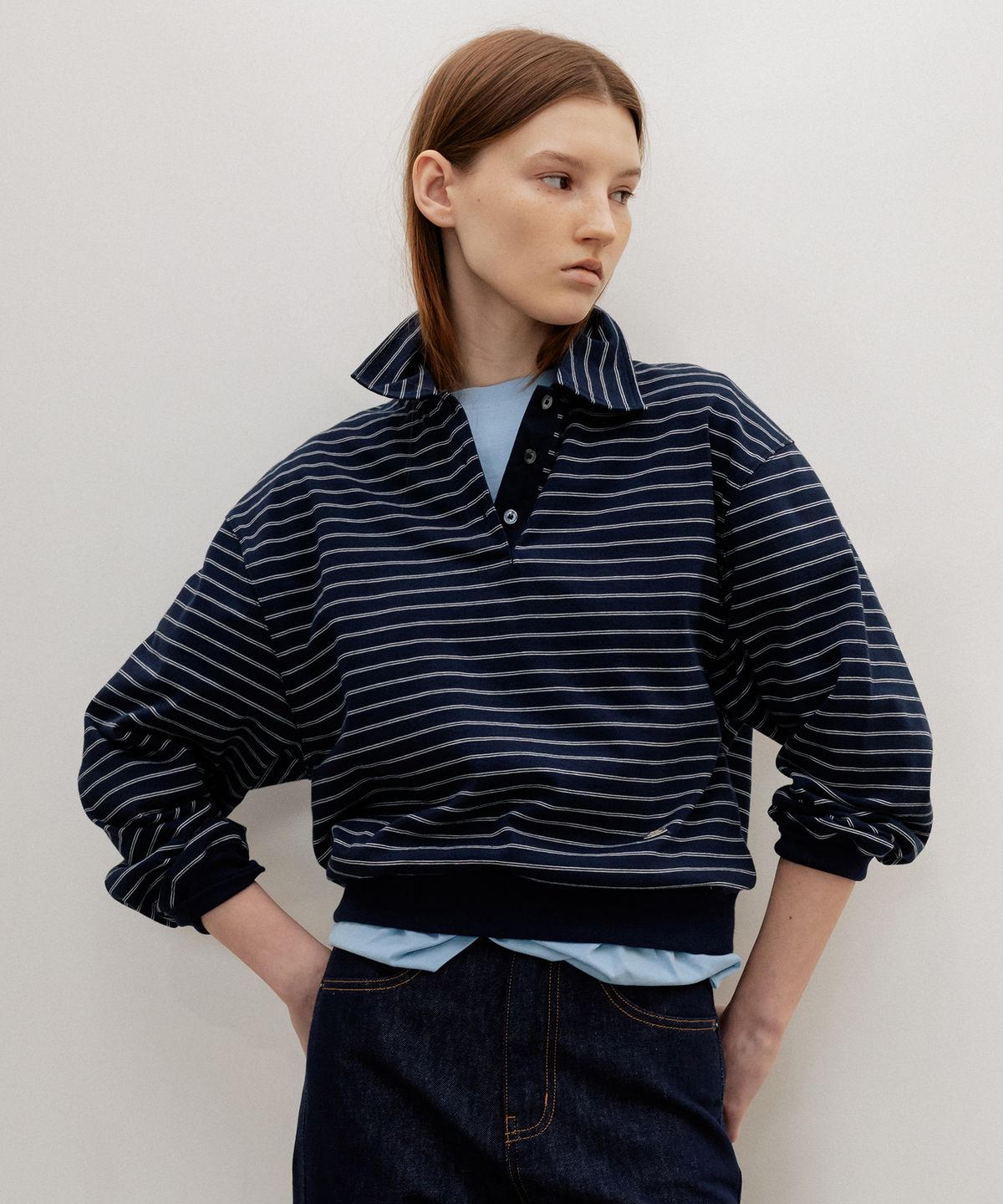 르메메(LEMEME) French Stripe Pique Top Navy