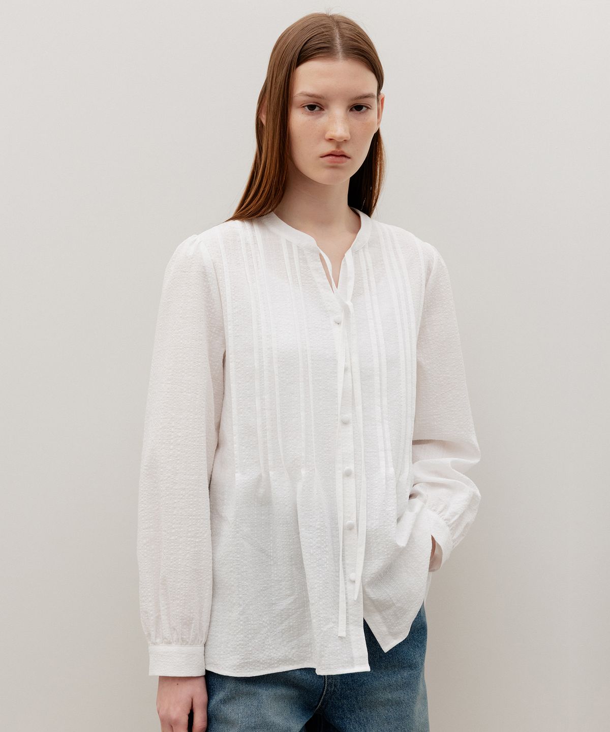 르메메(LEMEME) Plisse Pin-Tuck Tie Blouse White