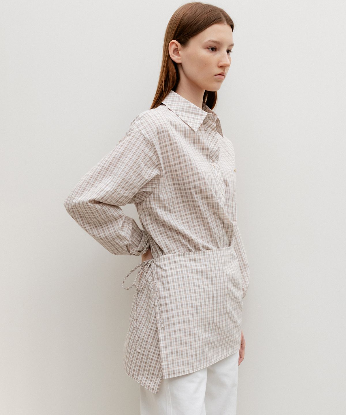 르메메(LEMEME) Aube Scarf-Wrap Shirt IvoryCheck