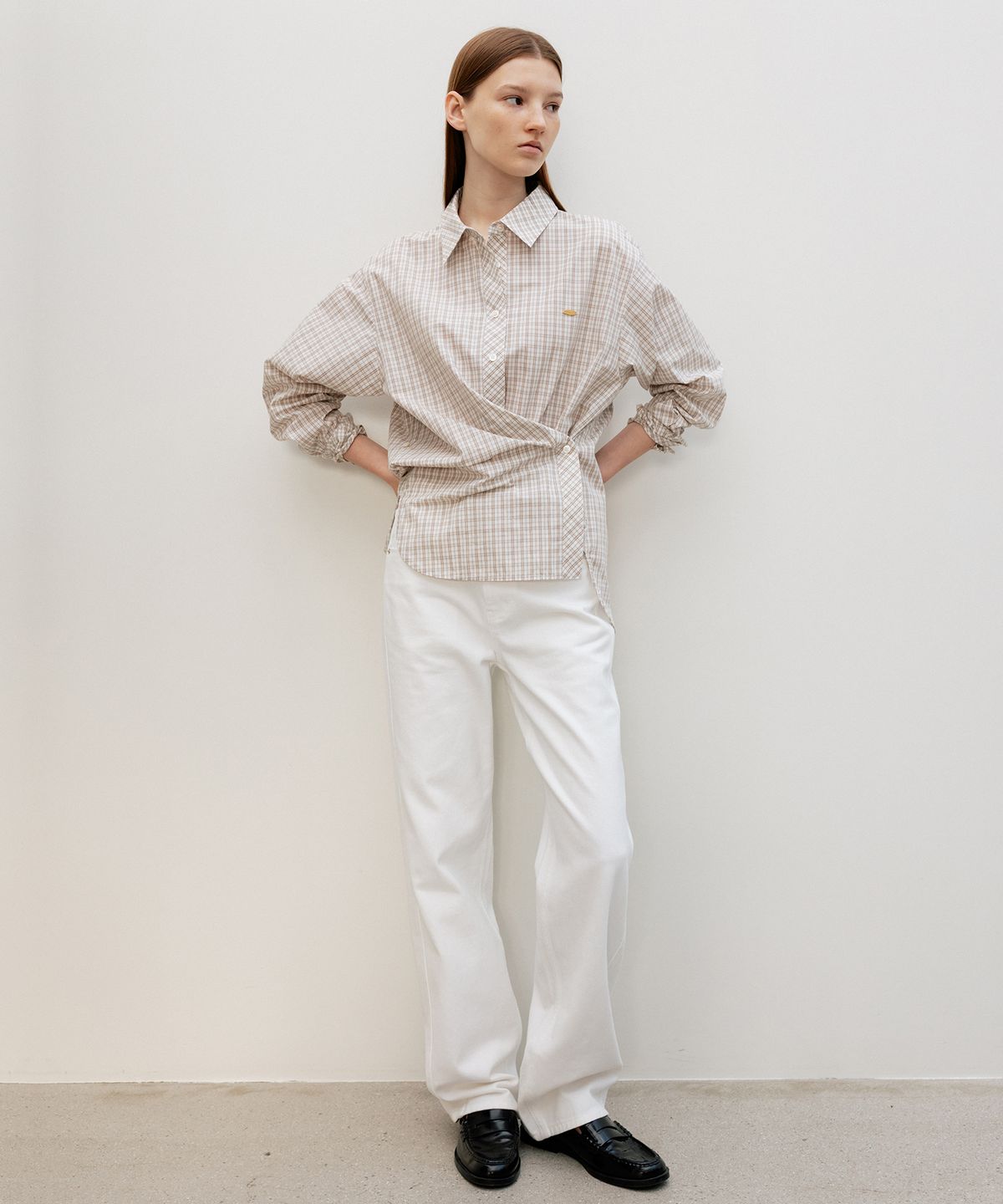 르메메(LEMEME) Aube Scarf-Wrap Shirt IvoryCheck