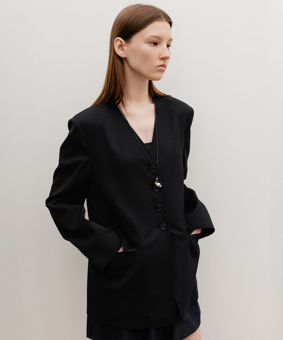 르메메(LEMEME) Serin Collarless Jacket Black