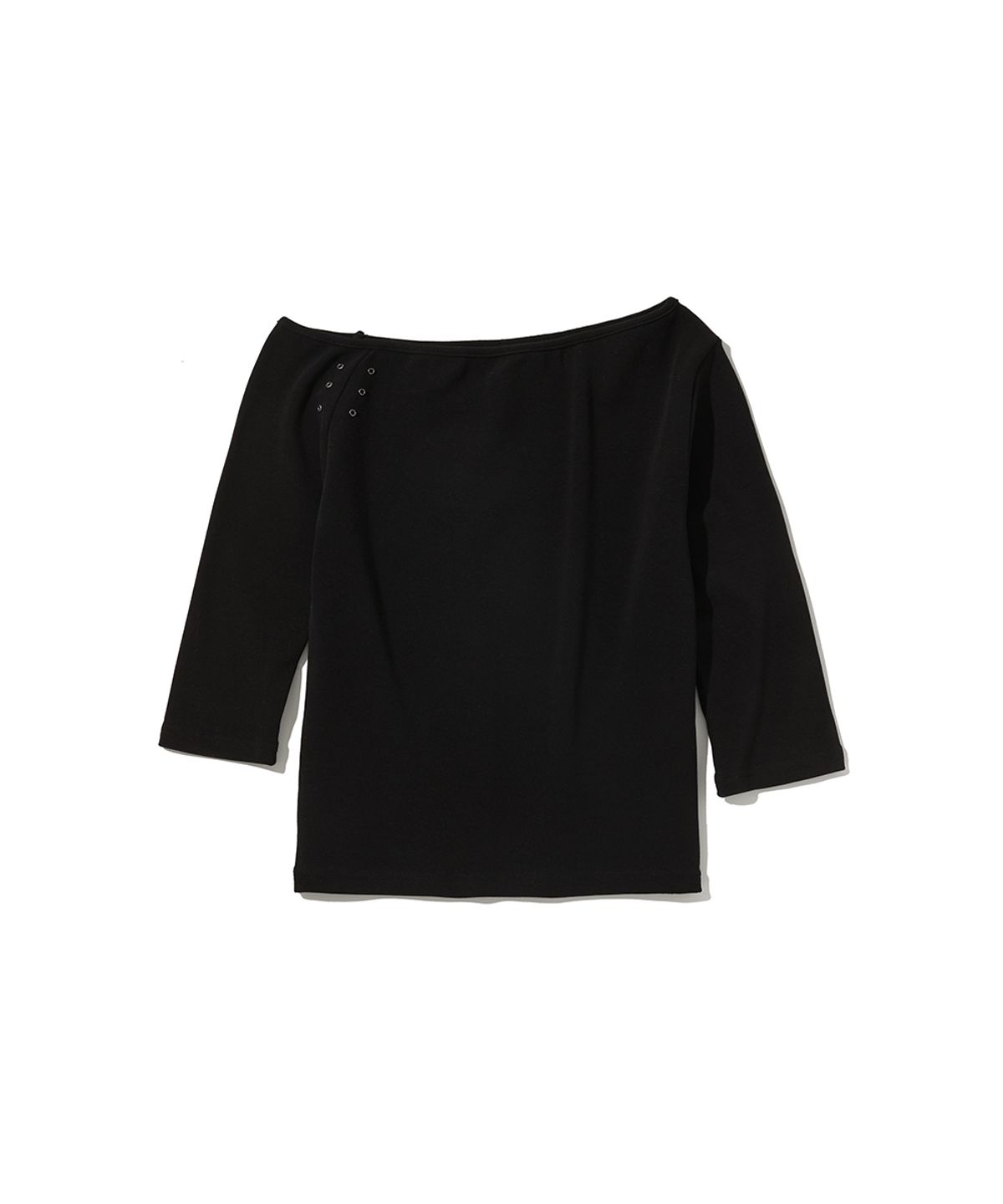 로맨티누어(ROMANTINUER) One-Shoulder Eyelet Sleeve T-Shirt (Black)