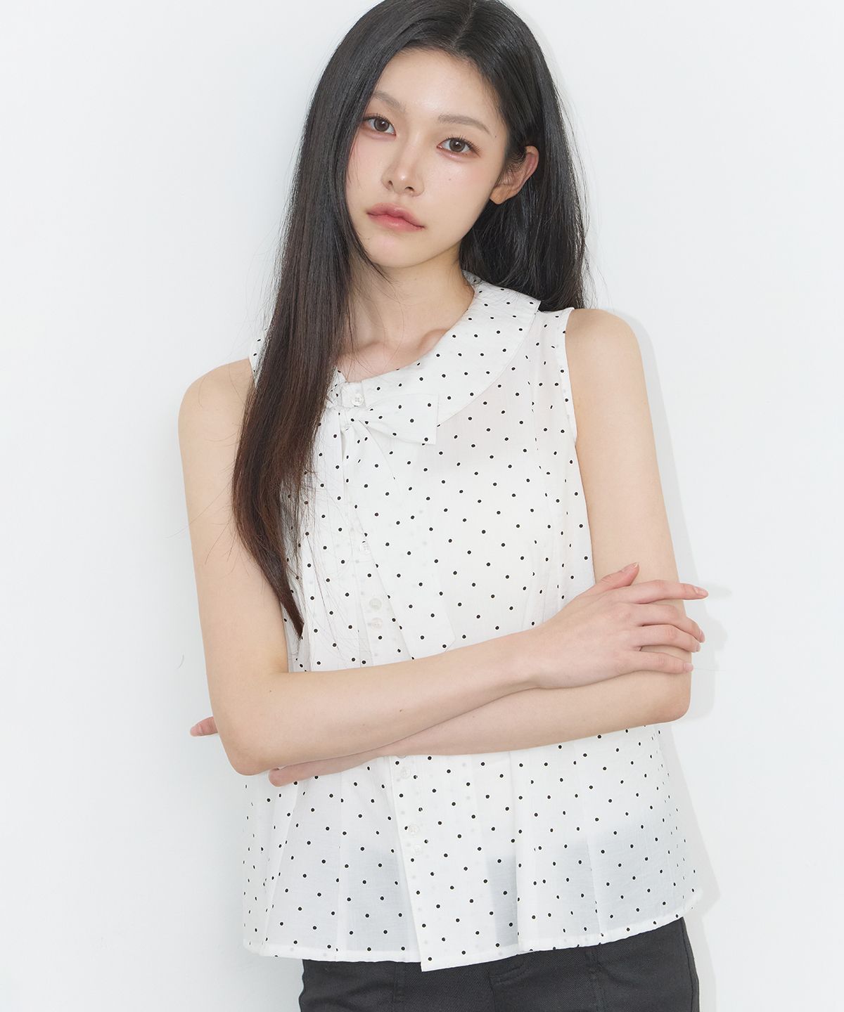 일리고(ILLIGO) 로프 플레어 블라우스 화이트 도트