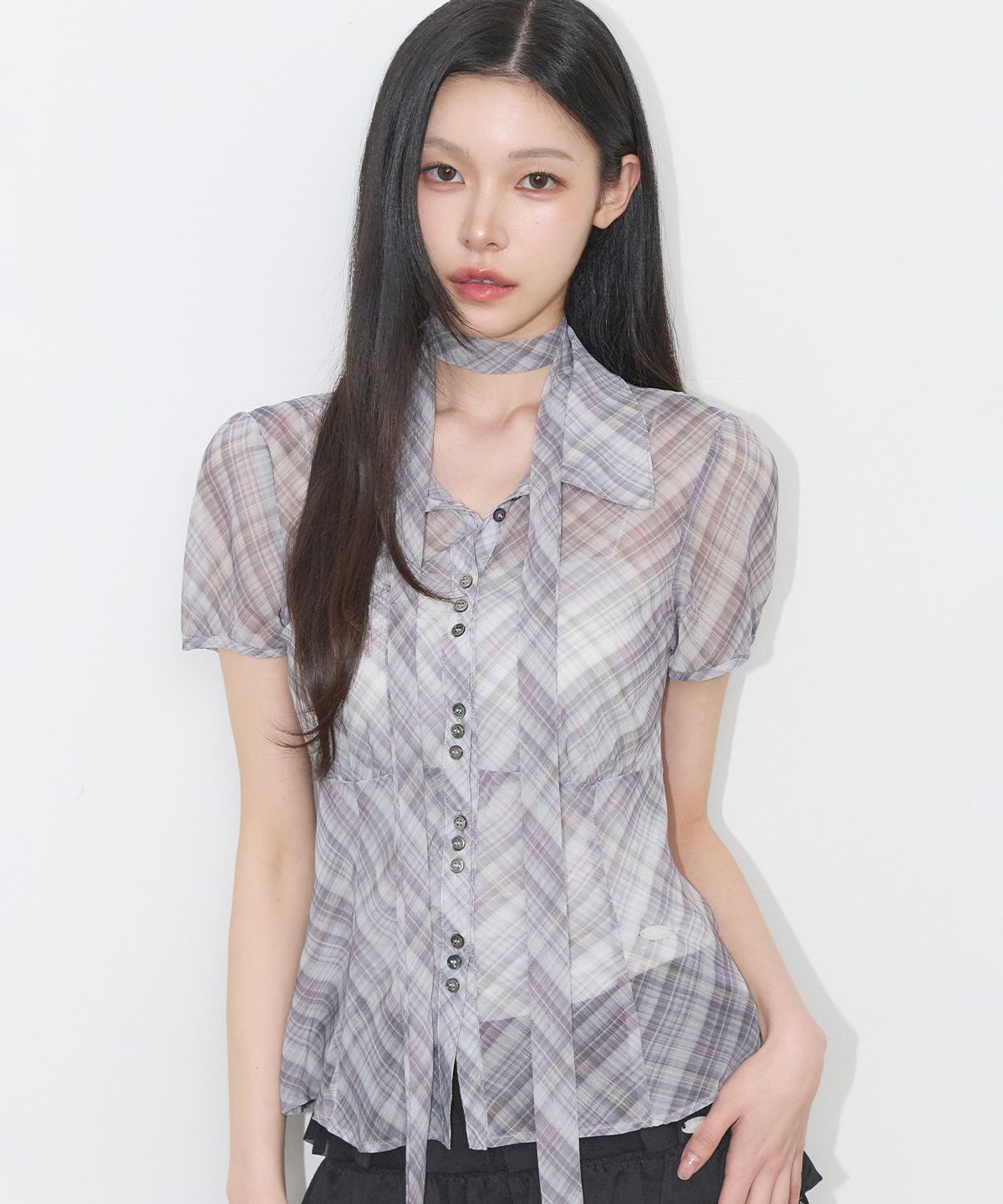일리고(ILLIGO) 플레어 퍼프 블라우스 체크 베이지