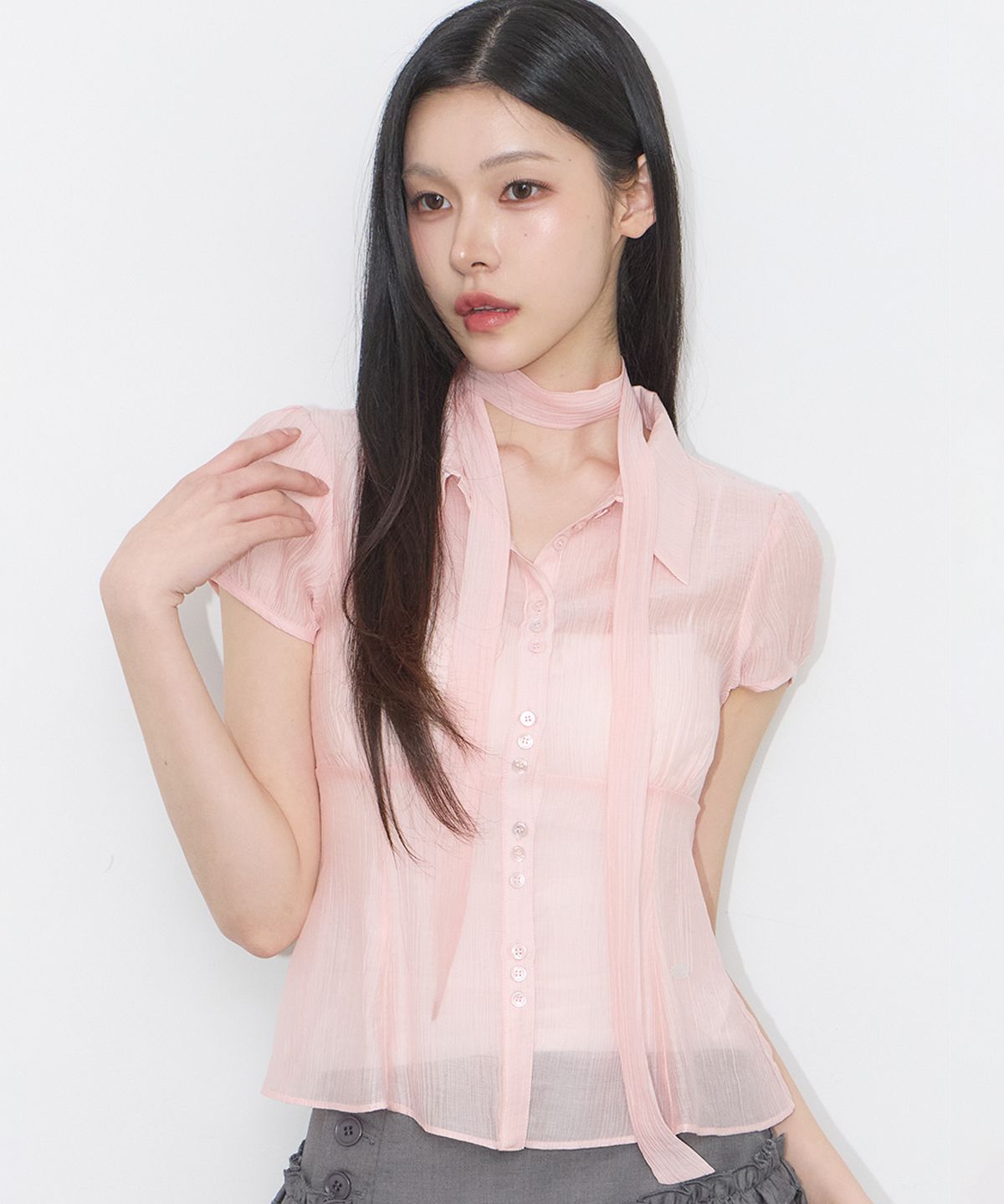 일리고(ILLIGO) 플레어 퍼프 블라우스 핑크