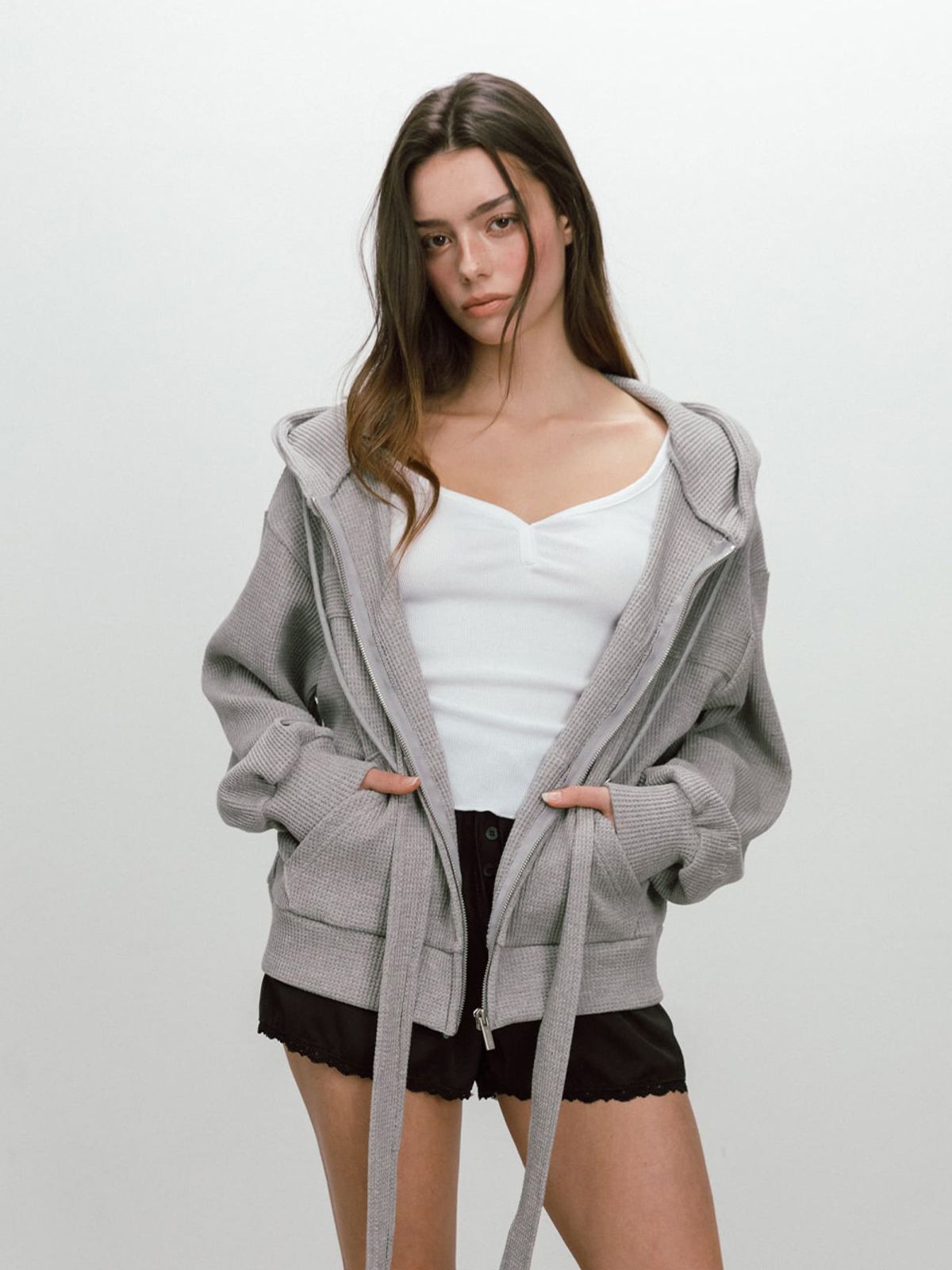 모이페어(MOIFAIRE) RIBBON WAFFLE HOODIE / GREY