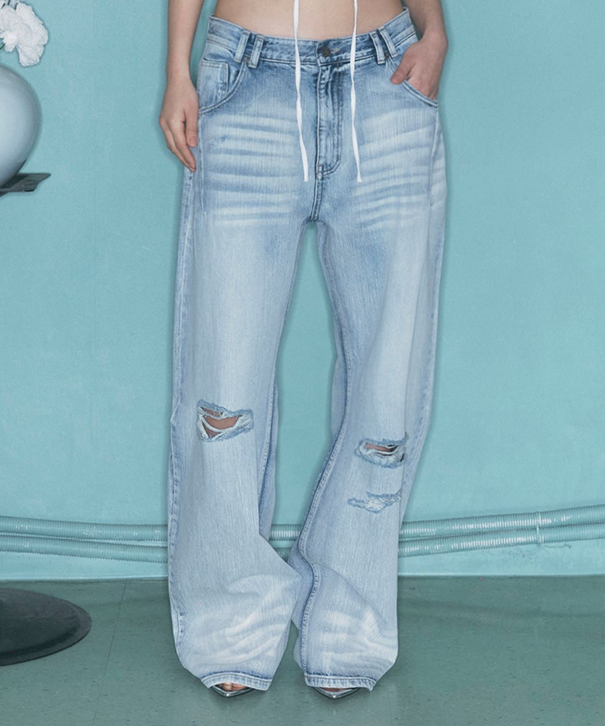 플리즈노팔로우(PLEASENOFOLLOW) 25Damaged Washing Wide Denim (Ice Blue)