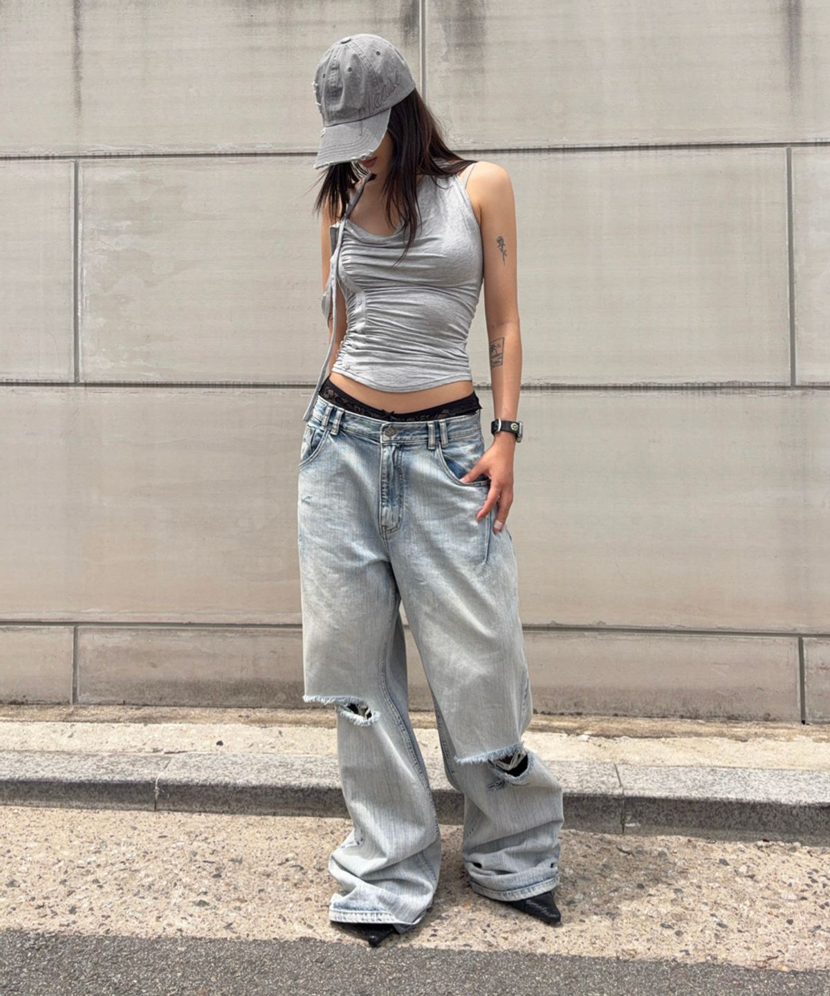 플리즈노팔로우(PLEASENOFOLLOW) 25Damaged Washing Wide Denim (Ice Blue)