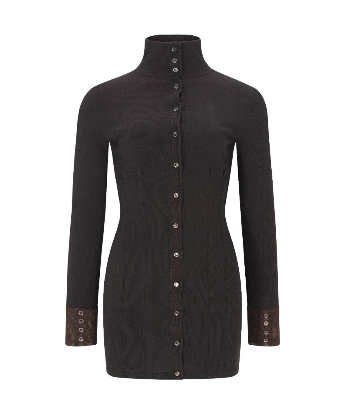 플리즈노팔로우(PLEASENOFOLLOW) Karin High-neck Lace Pintuck Dresses (Brown)