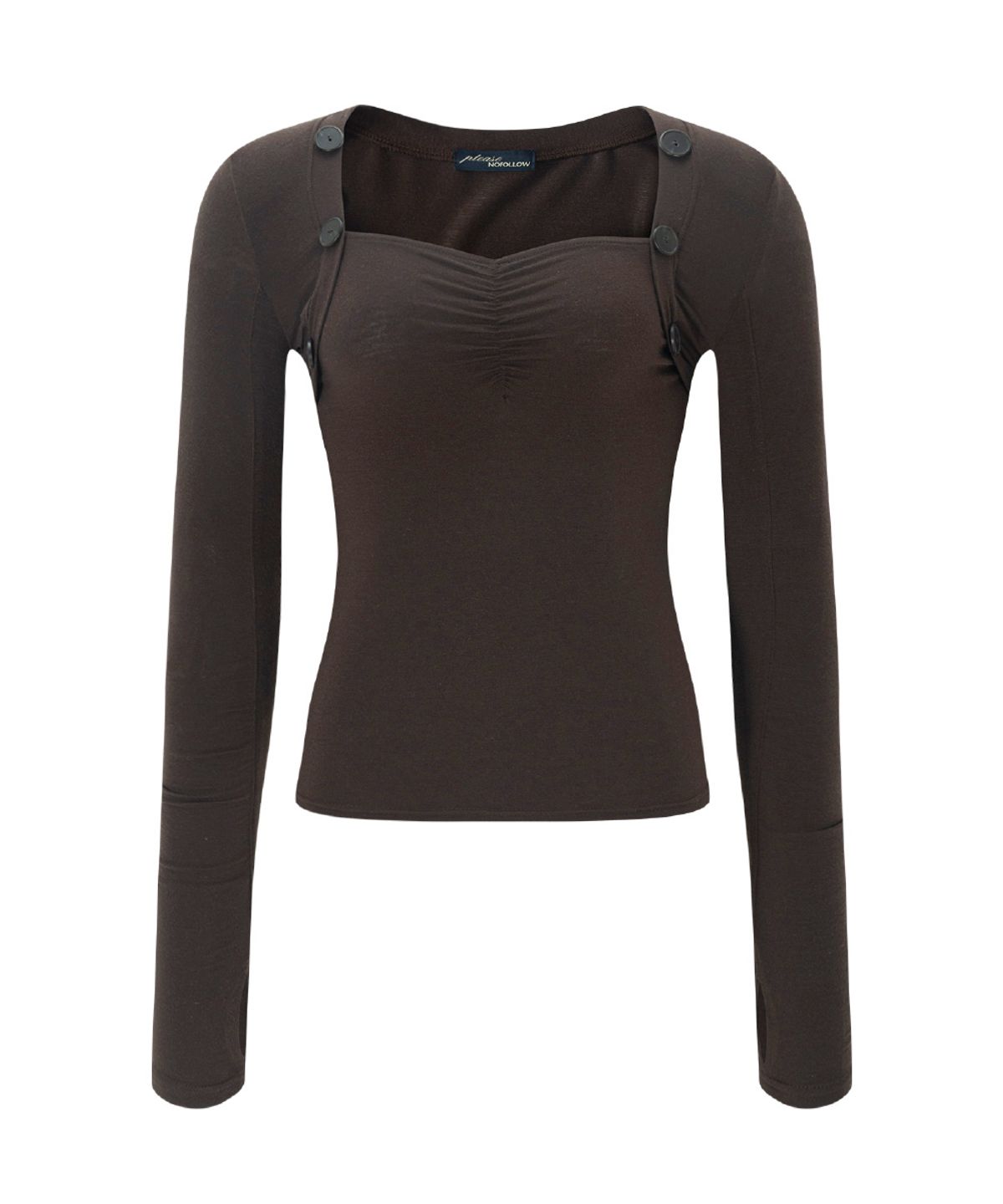 플리즈노팔로우(PLEASENOFOLLOW) Valerie Shirring Button Long Sleeve Top (Brown)