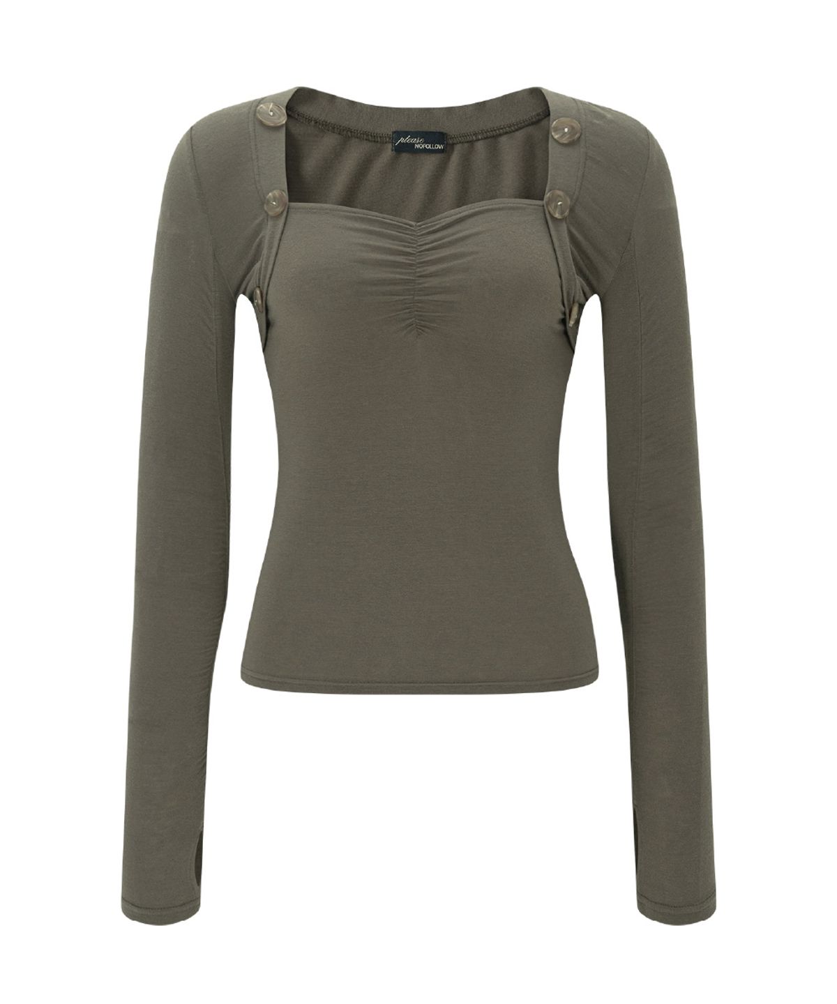 플리즈노팔로우(PLEASENOFOLLOW) Valerie Shirring Button Long Sleeve Top (Khaki)
