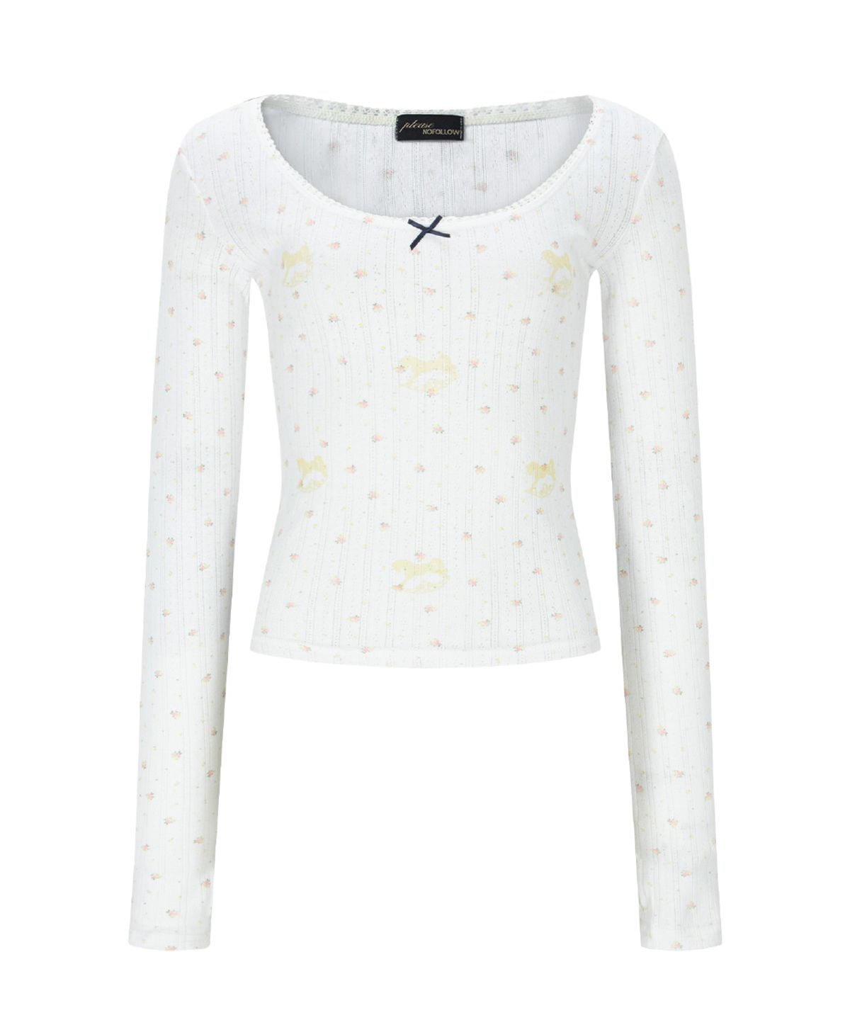 플리즈노팔로우(PLEASENOFOLLOW) Pony Flower Lace Long Sleeve Top (White)