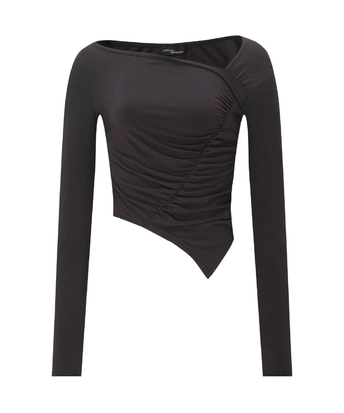 플리즈노팔로우(PLEASENOFOLLOW) Sadie Unbal Shirring Long Sleeve Top (Deep Brown)