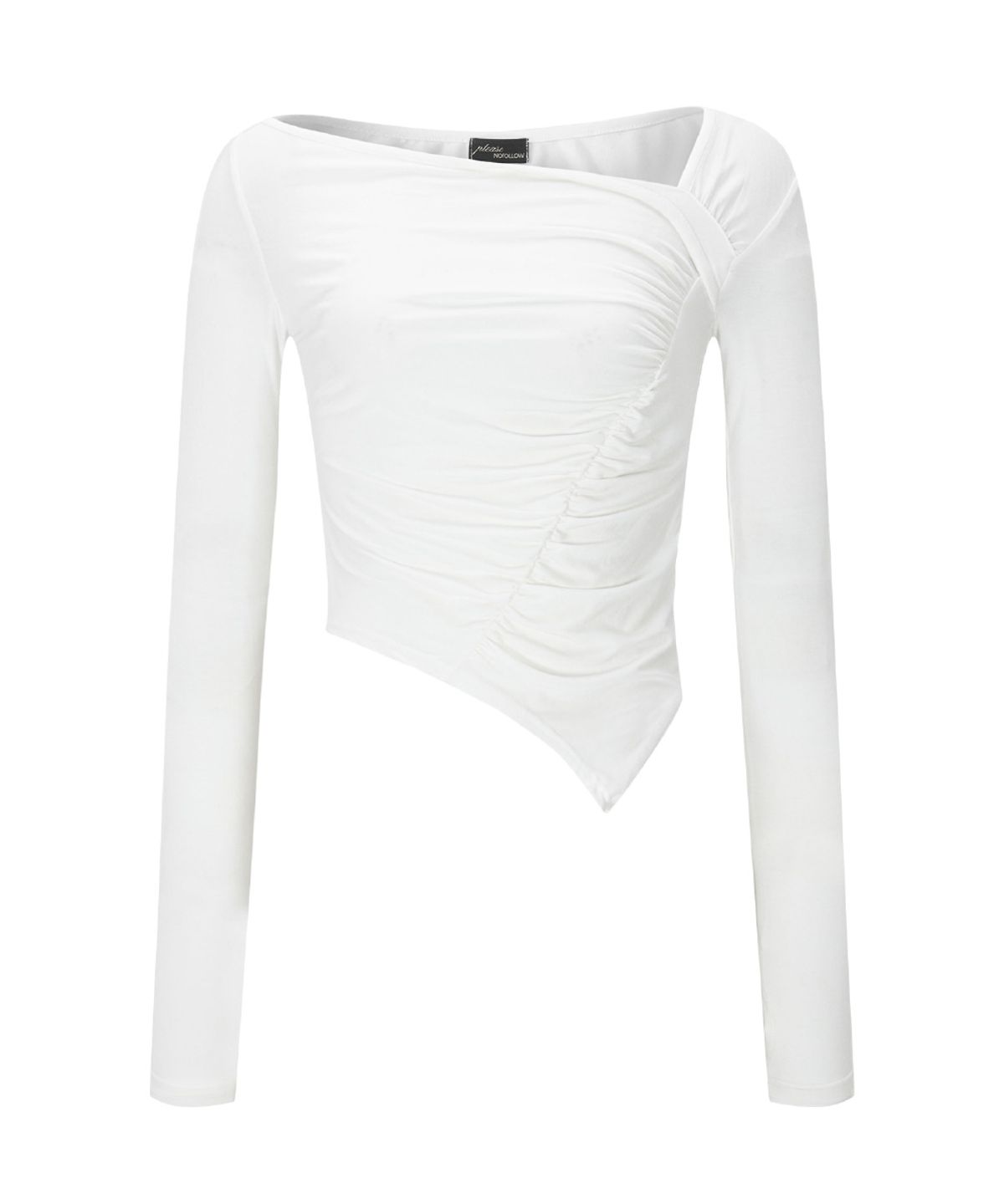 플리즈노팔로우(PLEASENOFOLLOW) Sadie Unbal Shirring Long Sleeve Top (White)