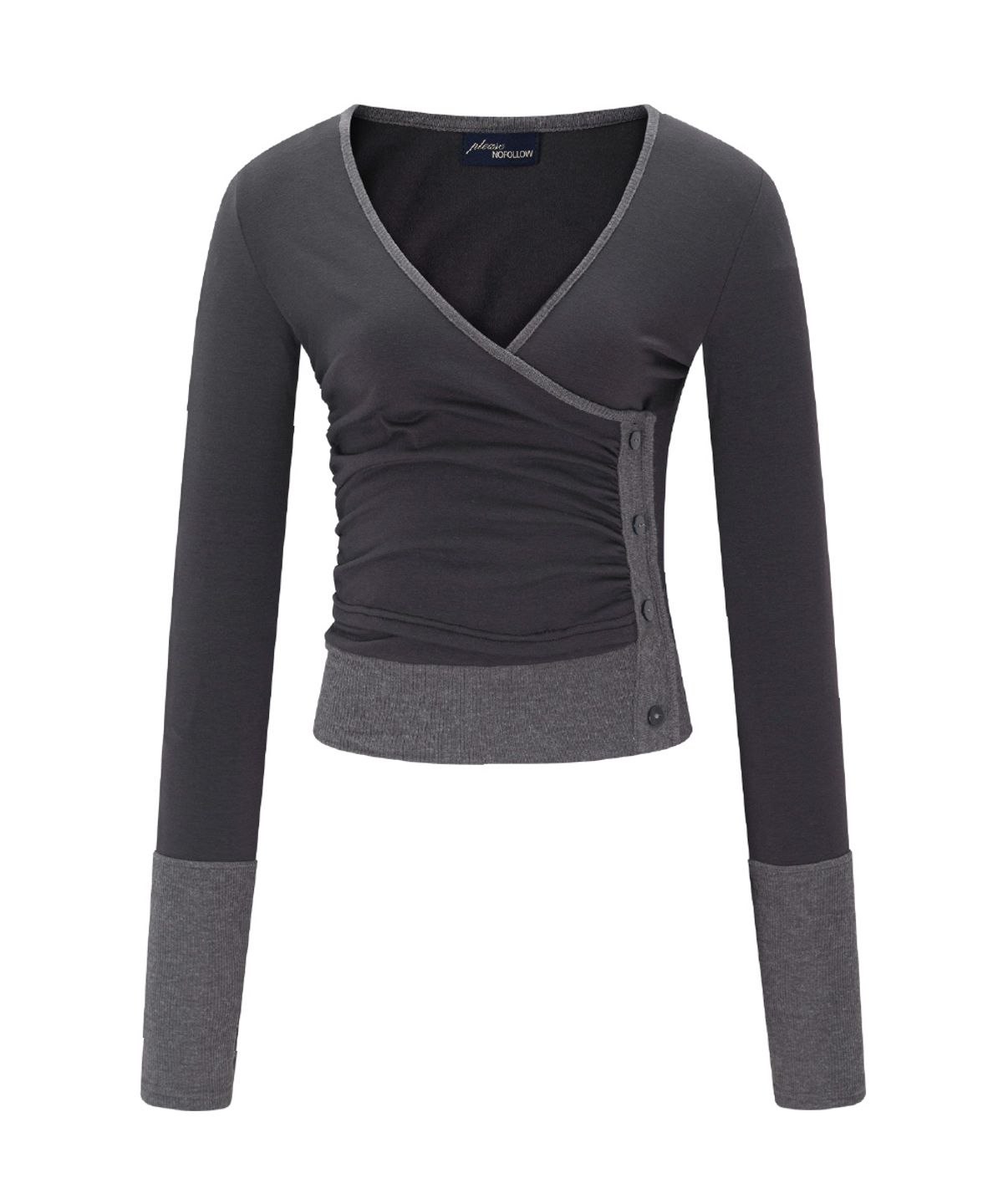 플리즈노팔로우(PLEASENOFOLLOW) Selena Button Wrap long sleeve Top (Charcoal)