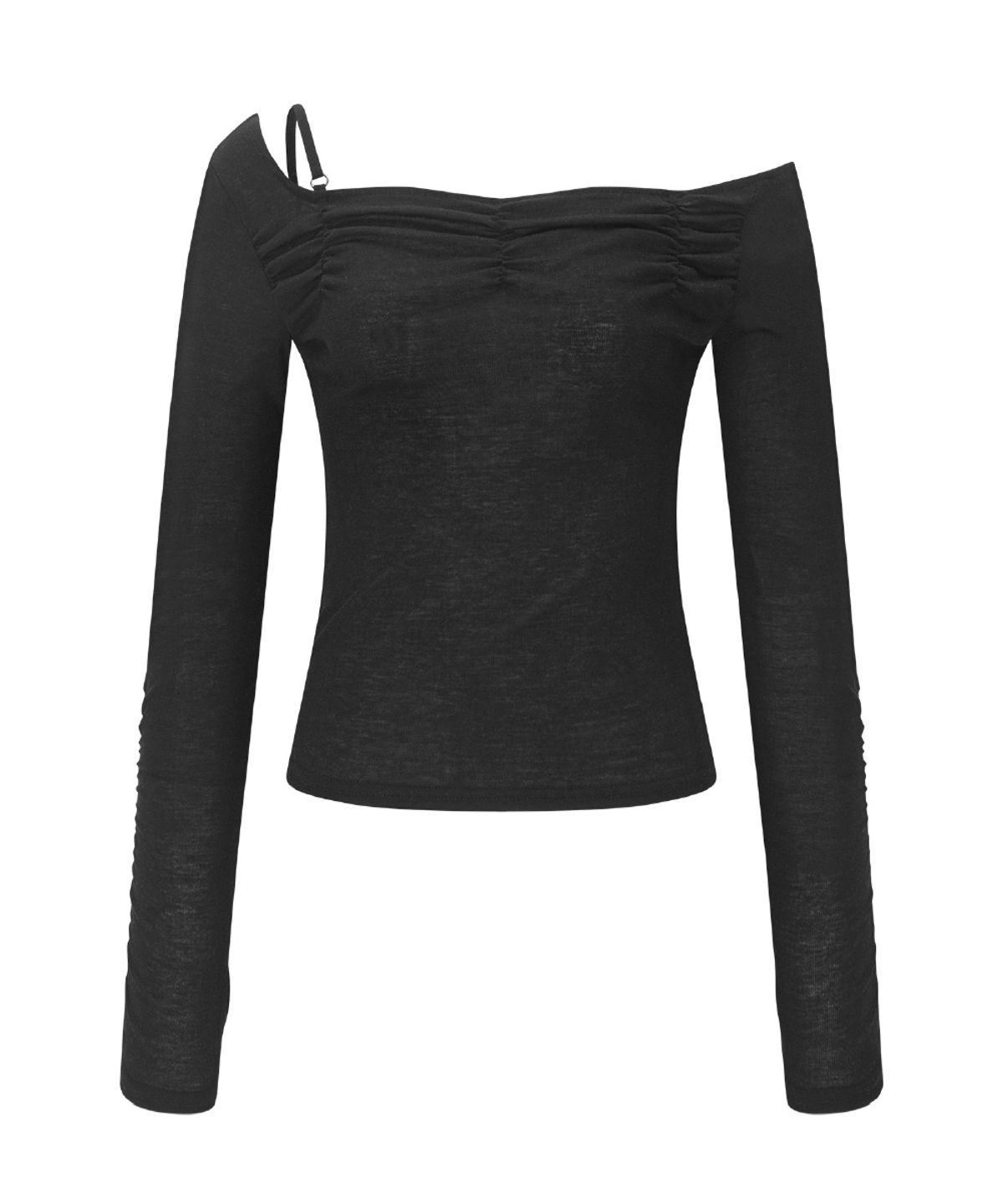 플리즈노팔로우(PLEASENOFOLLOW) Halo Unbal Shirring Long Sleeve Top (Black)