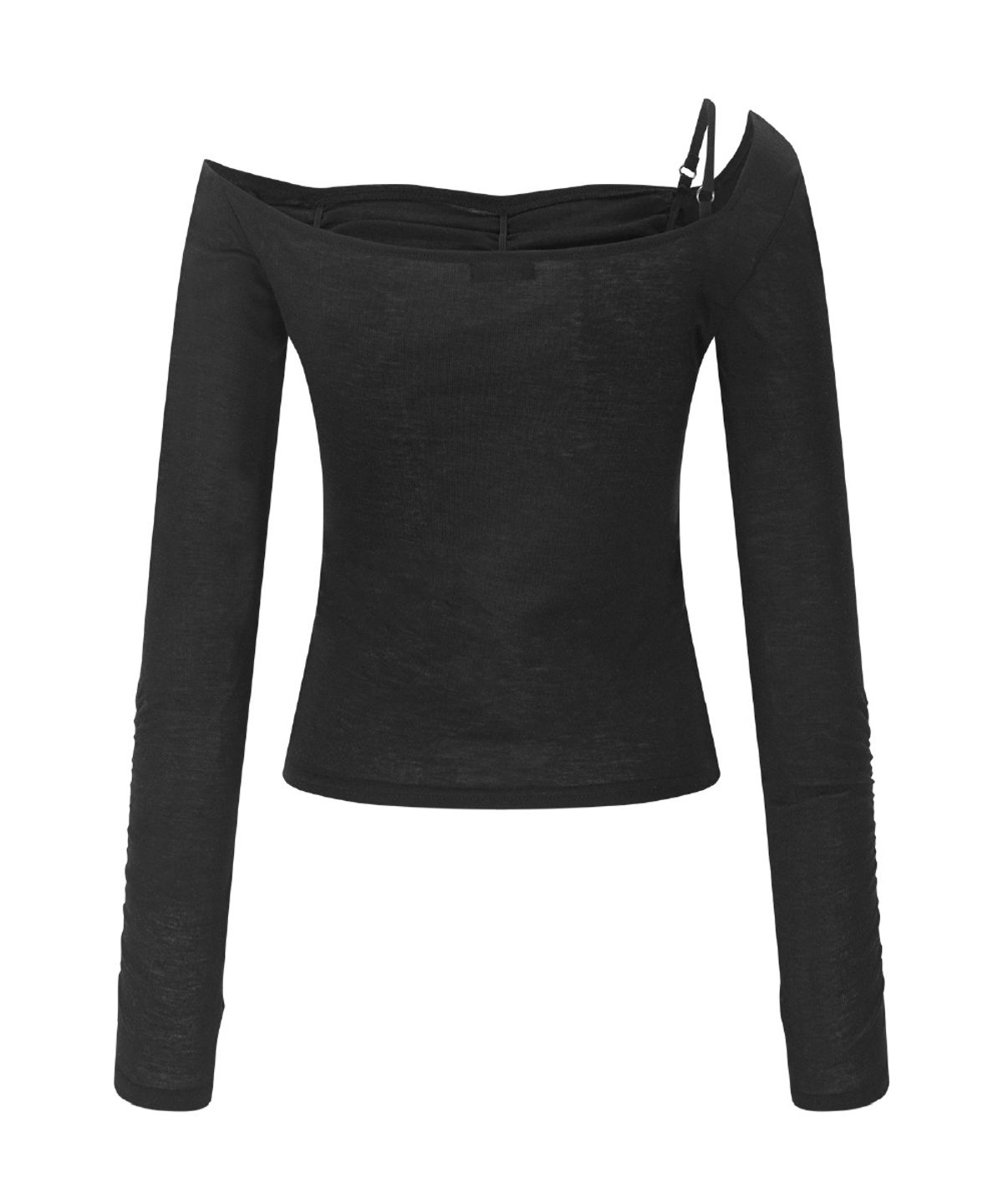 플리즈노팔로우(PLEASENOFOLLOW) Halo Unbal Shirring Long Sleeve Top (Black)