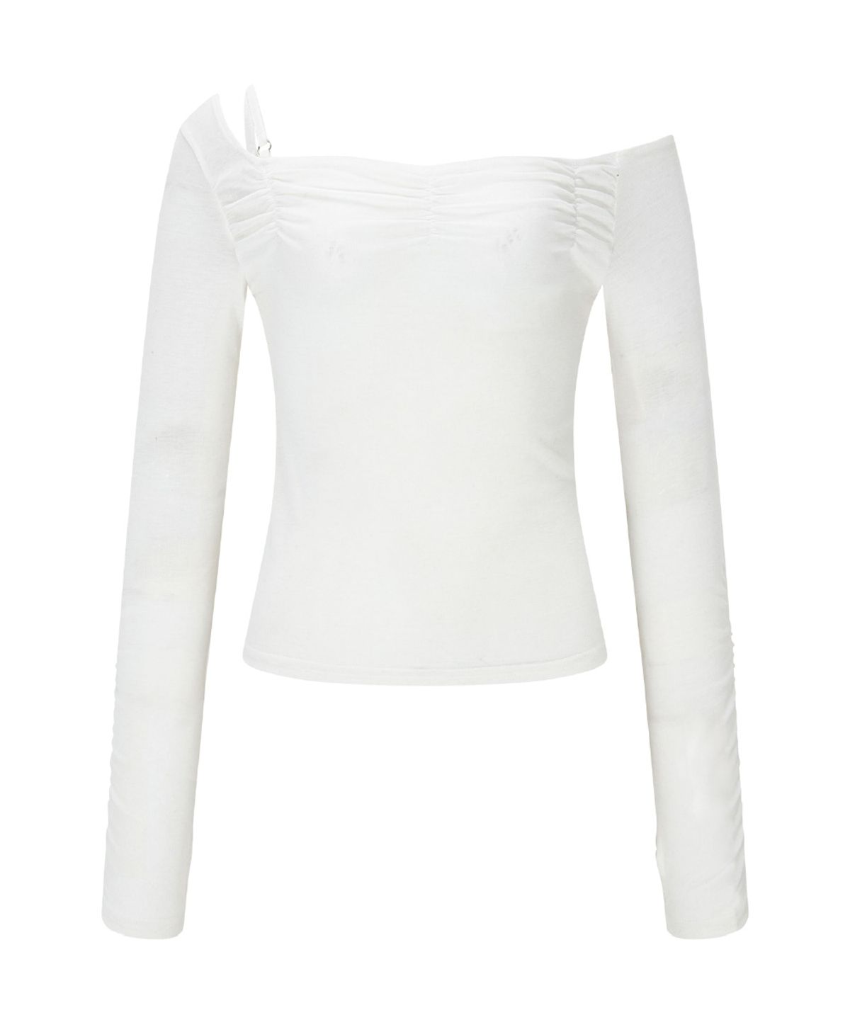 플리즈노팔로우(PLEASENOFOLLOW) Halo Unbal Shirring Long Sleeve Top (White)