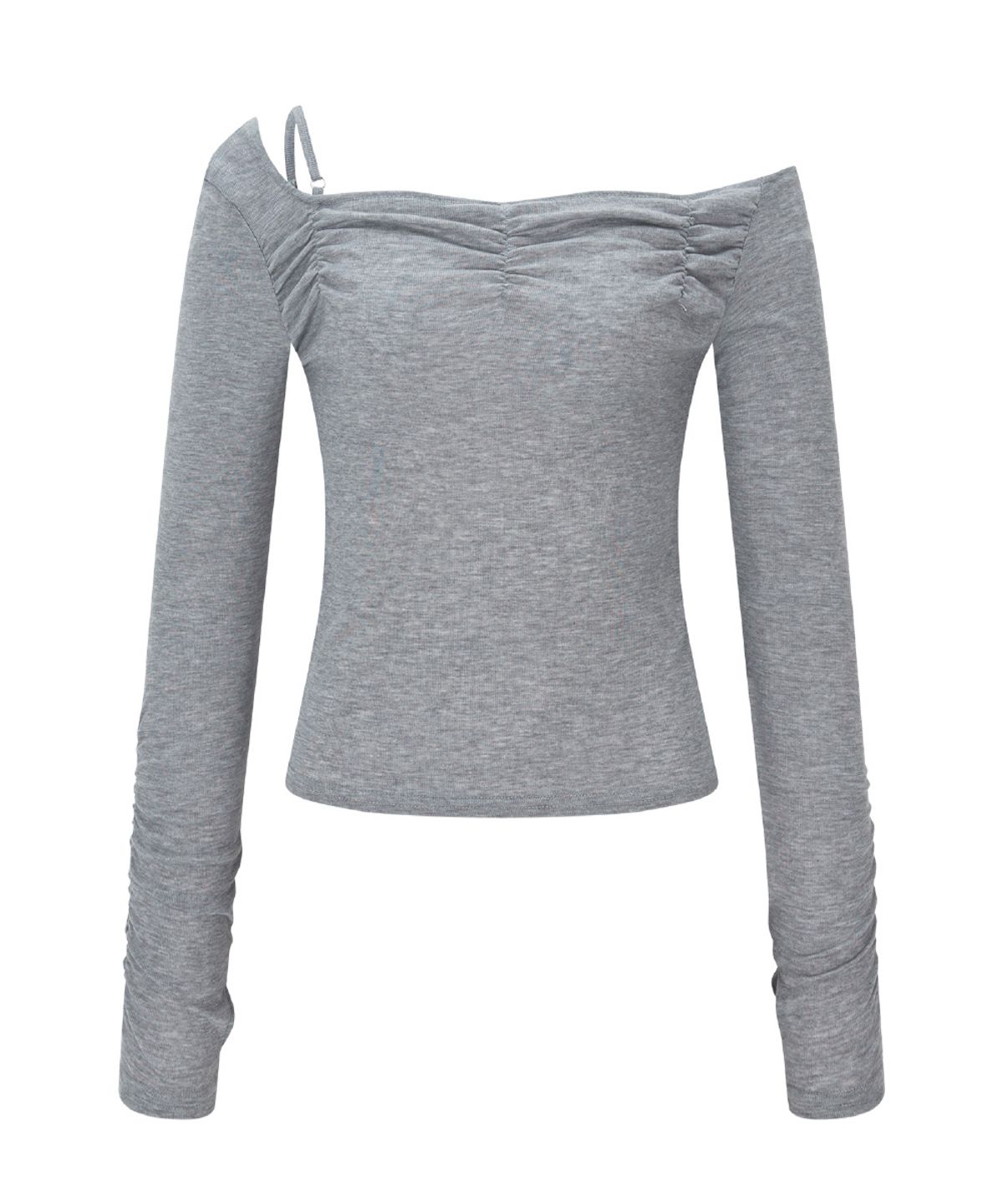 플리즈노팔로우(PLEASENOFOLLOW) Halo Unbal Shirring Long Sleeve Top (Melange Grey)