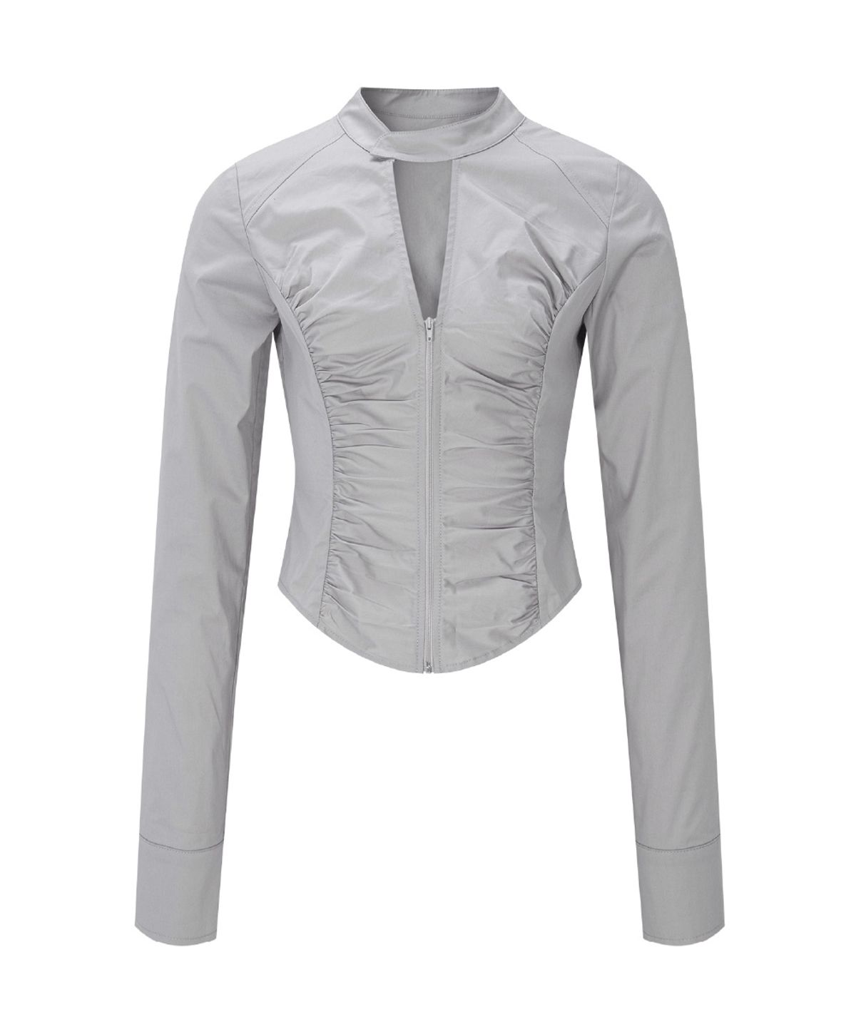 플리즈노팔로우(PLEASENOFOLLOW) Delphine Shirring Zip up Shirt (Sand Grey)