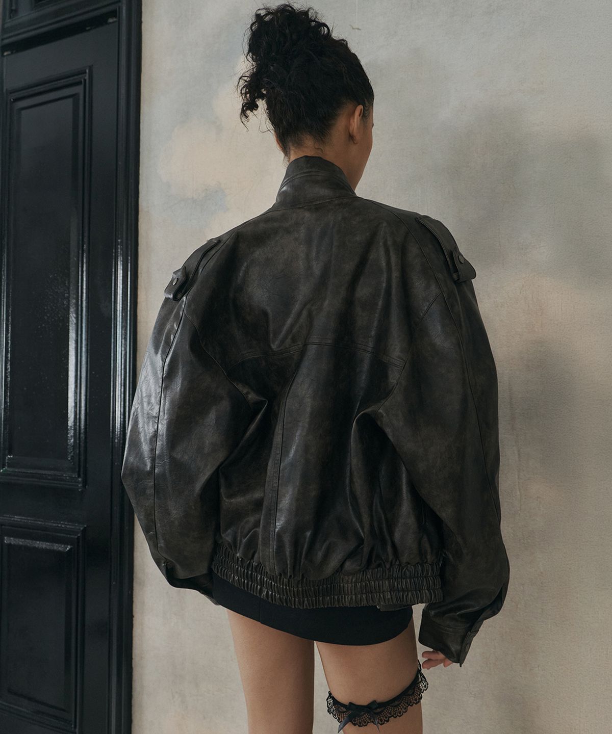 플리즈노팔로우(PLEASENOFOLLOW) Gia Leather Bomber jacket (Washed Brown)