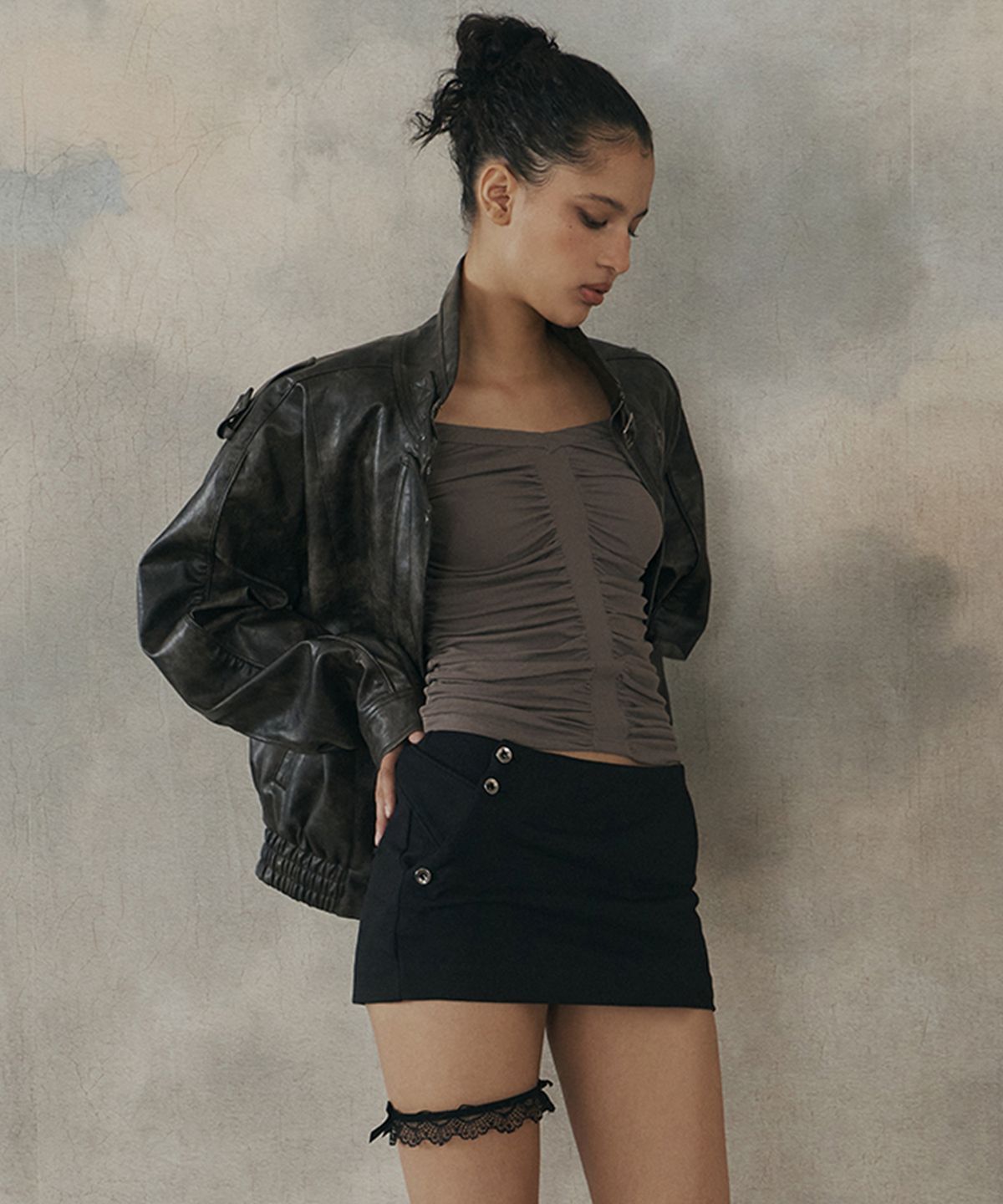 플리즈노팔로우(PLEASENOFOLLOW) Gia Leather Bomber jacket (Washed Brown)