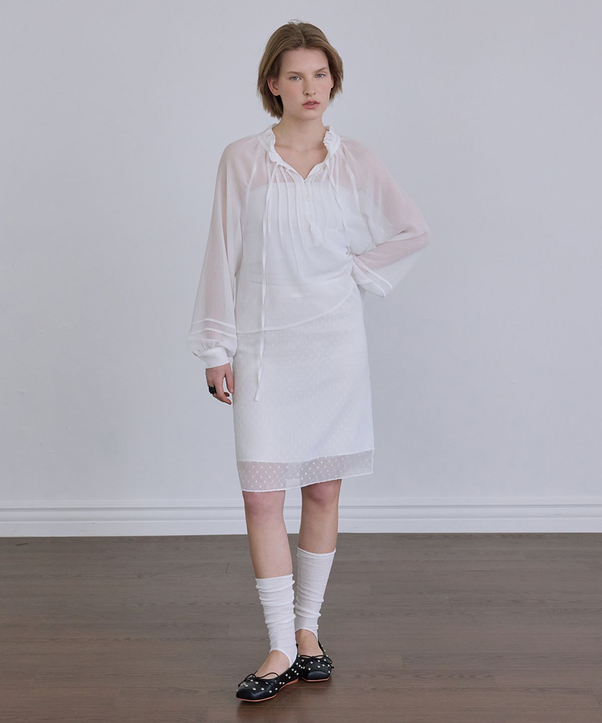 애프터아워즈(AFTERHOURS) CHIFFON MIDI SKIRT (WHITE-DOT)