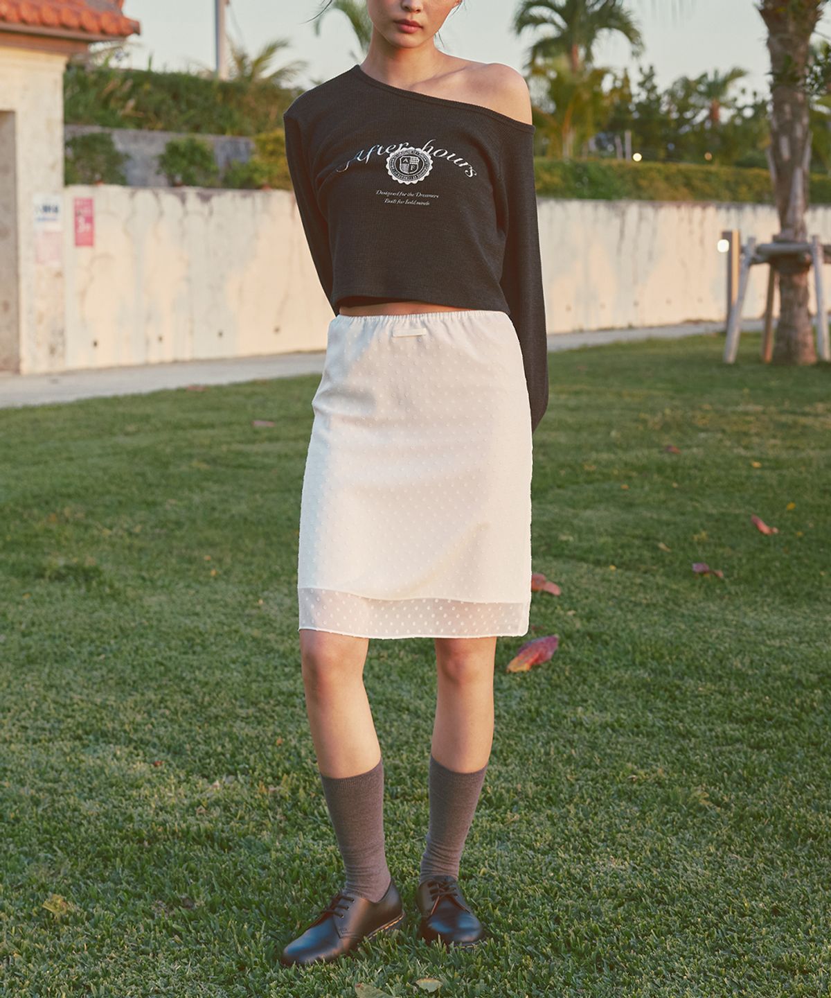 애프터아워즈(AFTERHOURS) CHIFFON MIDI SKIRT (WHITE-DOT)