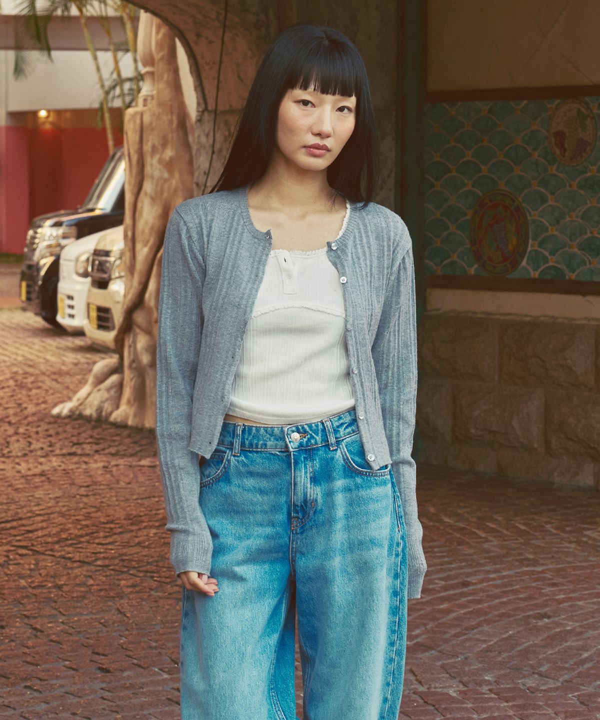 애프터아워즈(AFTERHOURS) ROUND NECK RIP CARDIGAN (MELANGE GREY)