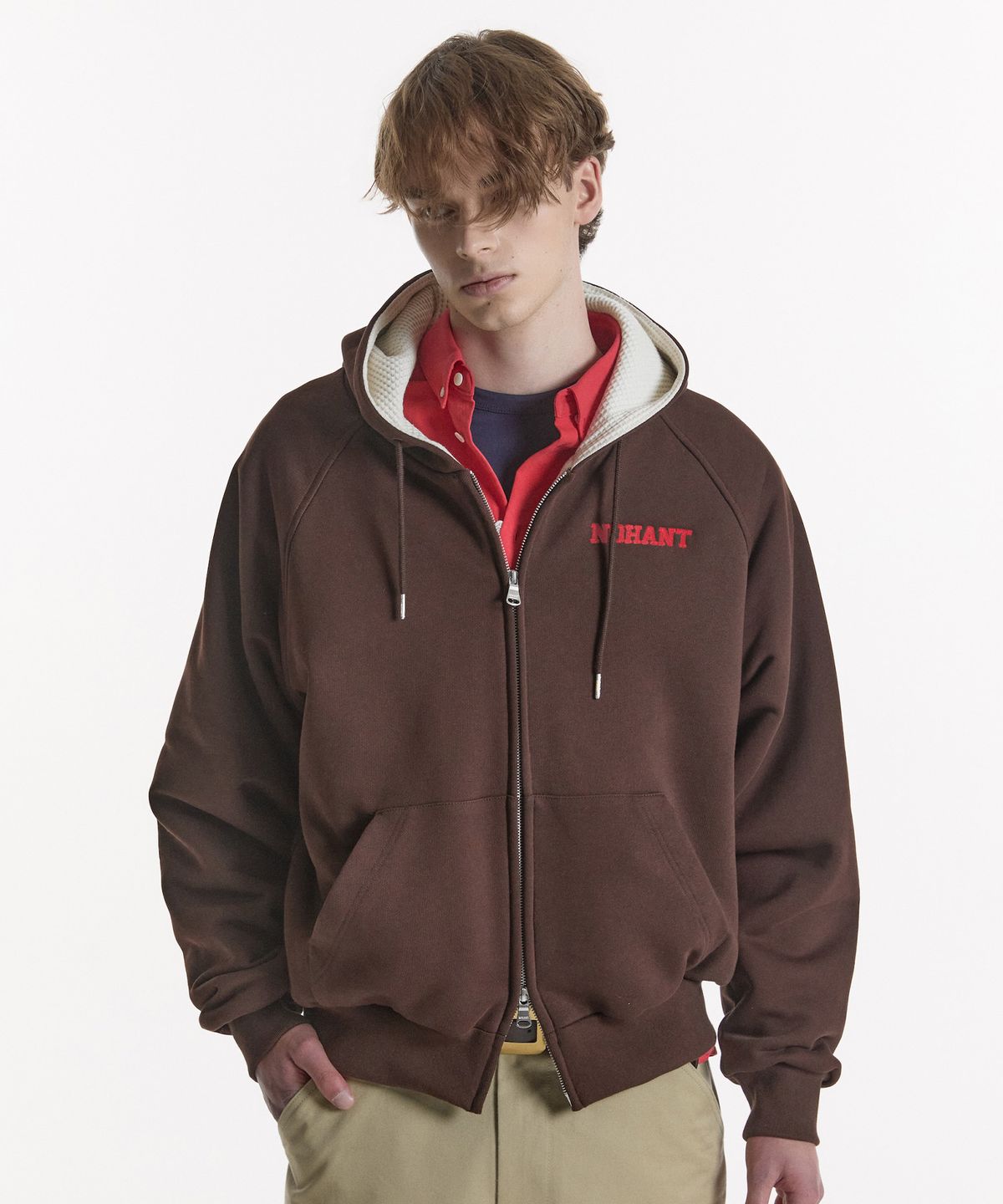 노앙(NOHANT) WAFFLE LINED HOODED ZIP-UP JUMPER BROWN