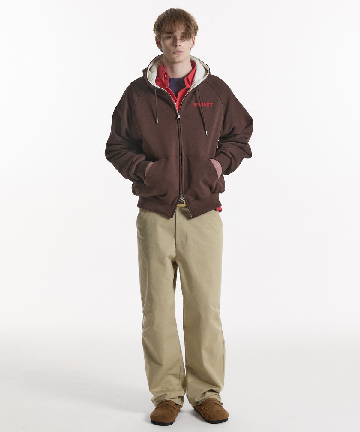 노앙(NOHANT) WAFFLE LINED HOODED ZIP-UP JUMPER BROWN