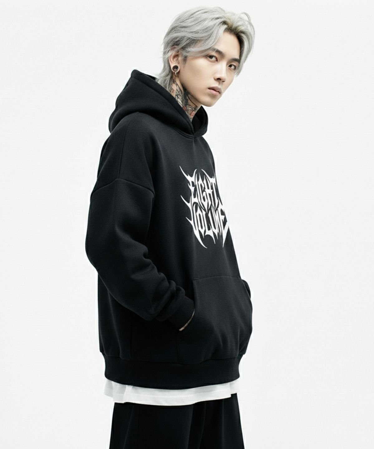 에잇볼륨(EIGHTVOLUME) EV 메탈 로고 3단 쭈리 오버핏 후드 (블랙)