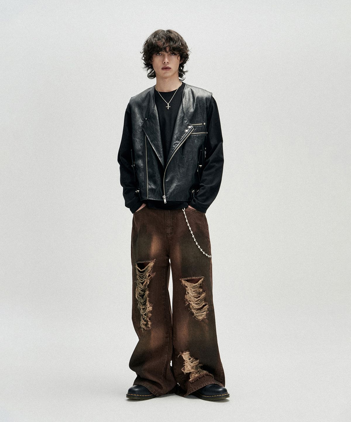 낫포너드(NOT4NERD) Distressed Oil Washed Wide Denim Pants - Brown