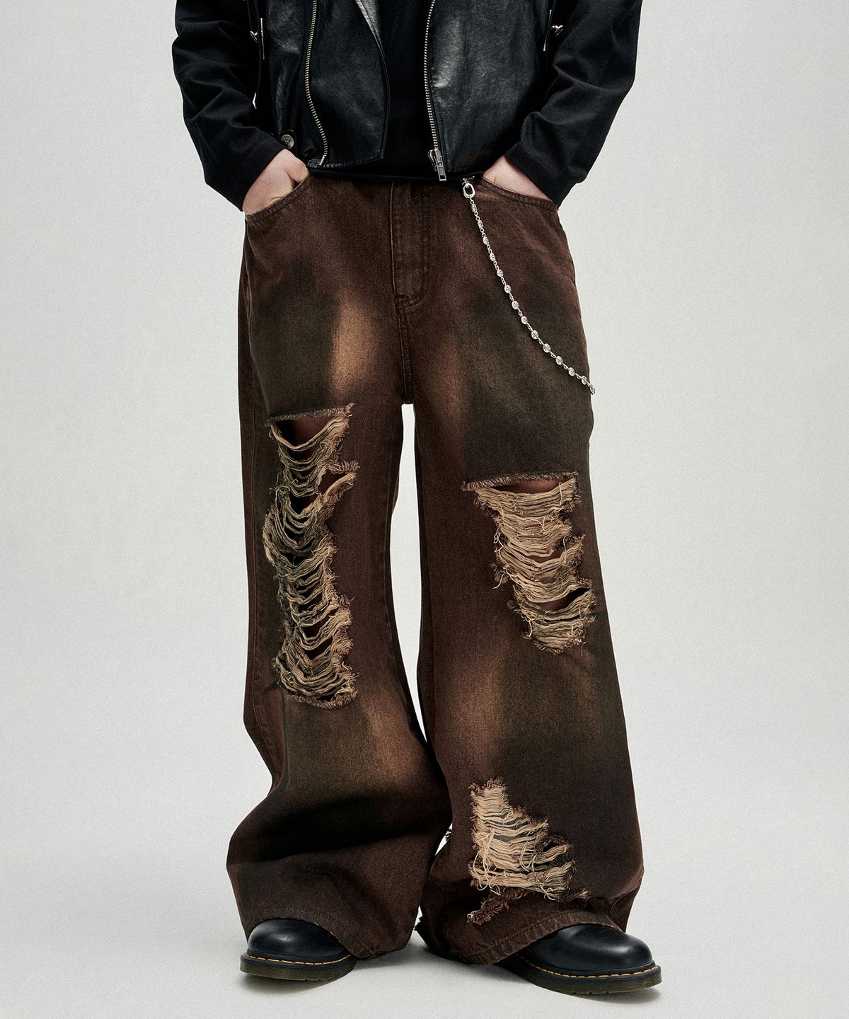 낫포너드(NOT4NERD) Distressed Oil Washed Wide Denim Pants - Brown