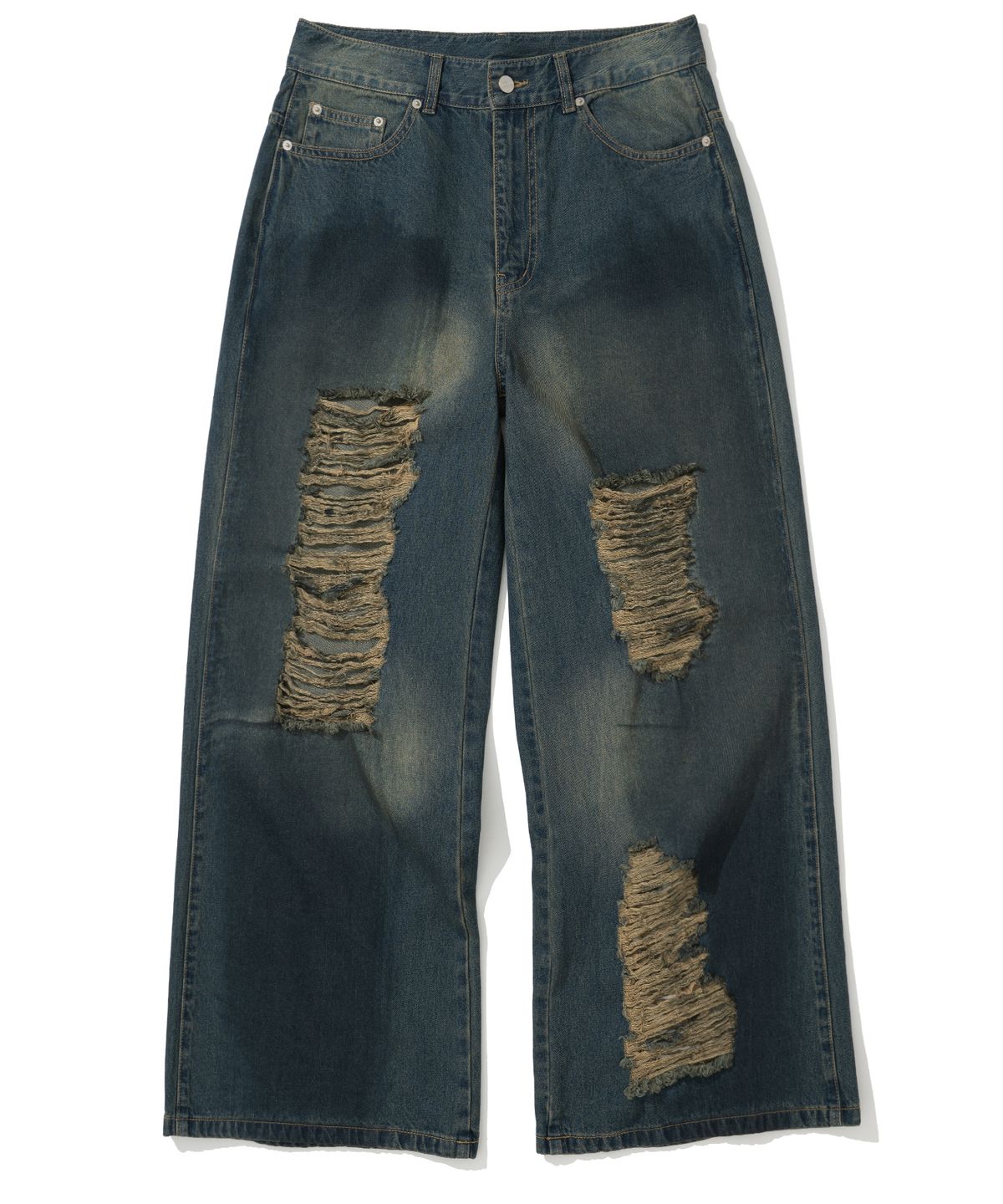 낫포너드(NOT4NERD) Distressed Oil Washed Wide Denim Pants - Deep Blue