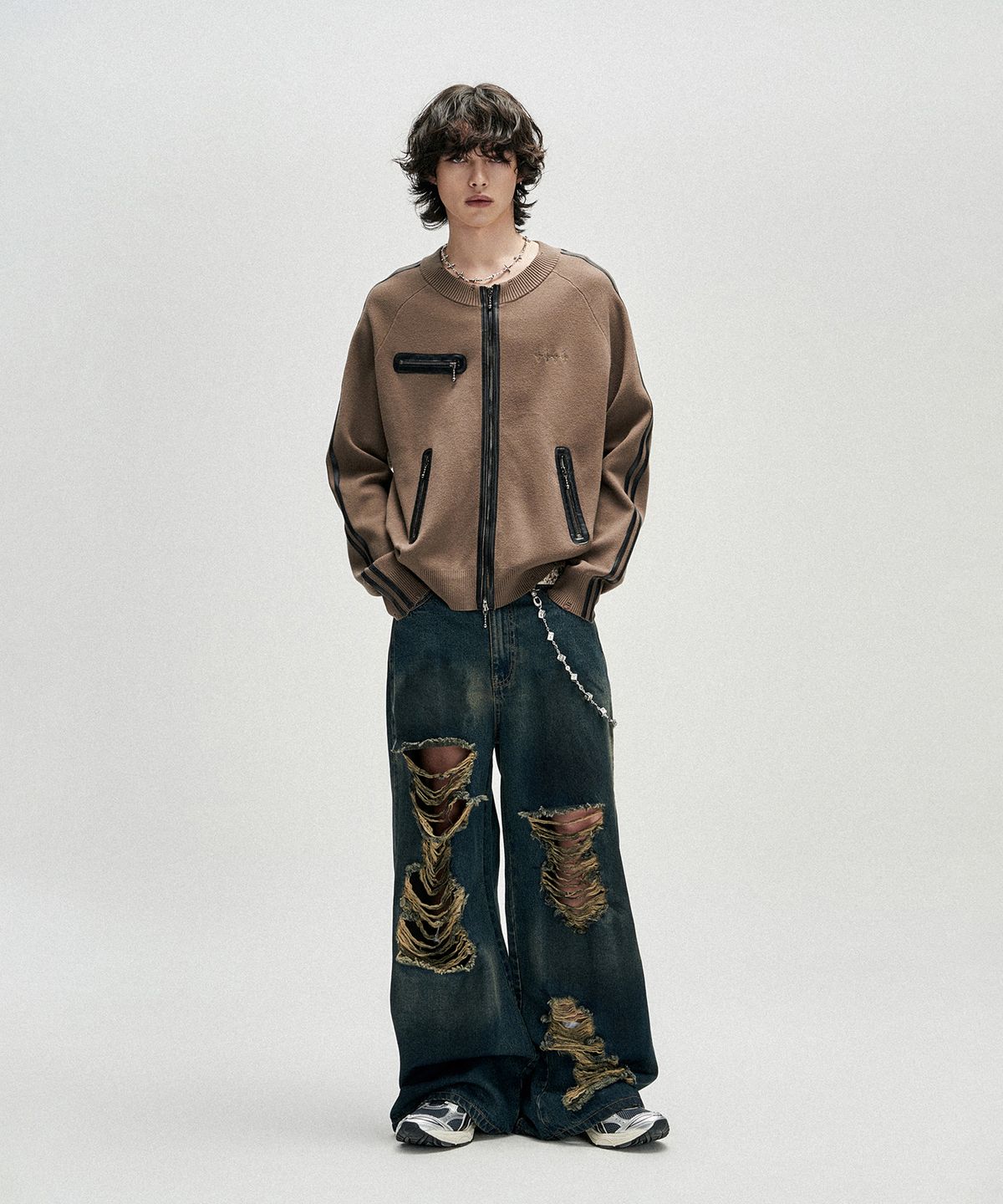 낫포너드(NOT4NERD) Distressed Oil Washed Wide Denim Pants - Deep Blue