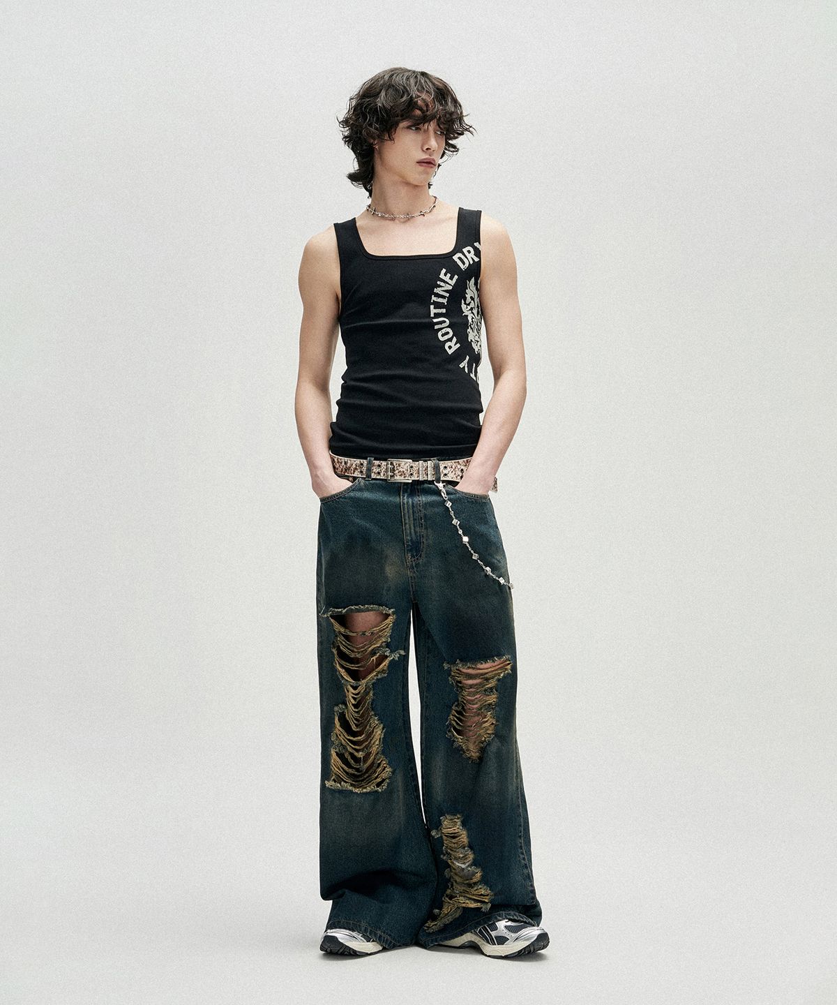 낫포너드(NOT4NERD) Distressed Oil Washed Wide Denim Pants - Deep Blue