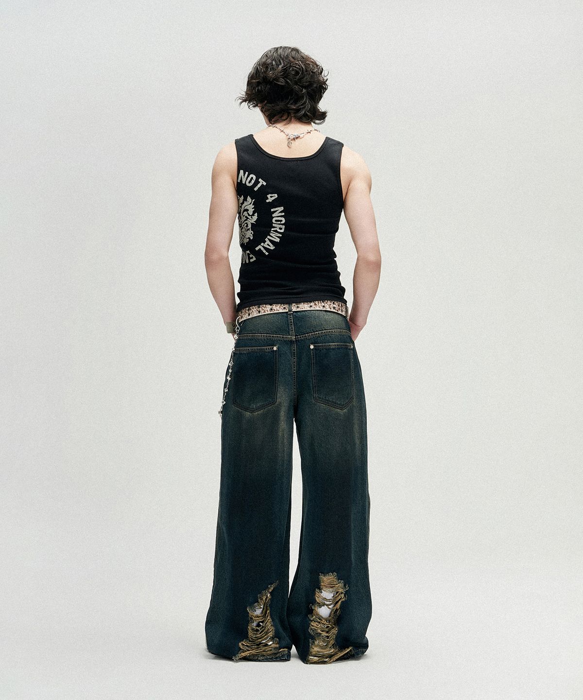 낫포너드(NOT4NERD) Distressed Oil Washed Wide Denim Pants - Deep Blue