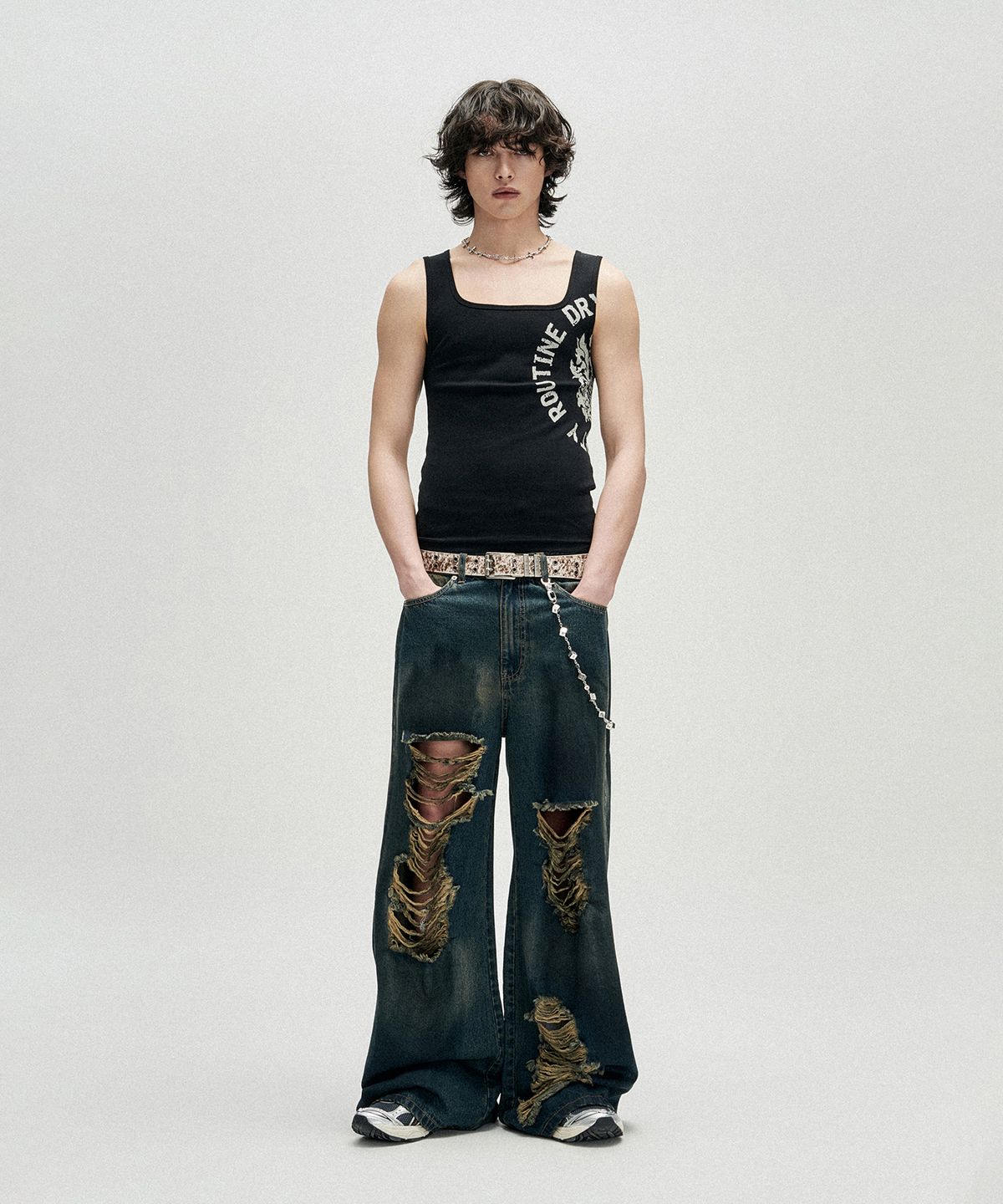 낫포너드(NOT4NERD) Distressed Oil Washed Wide Denim Pants - Deep Blue