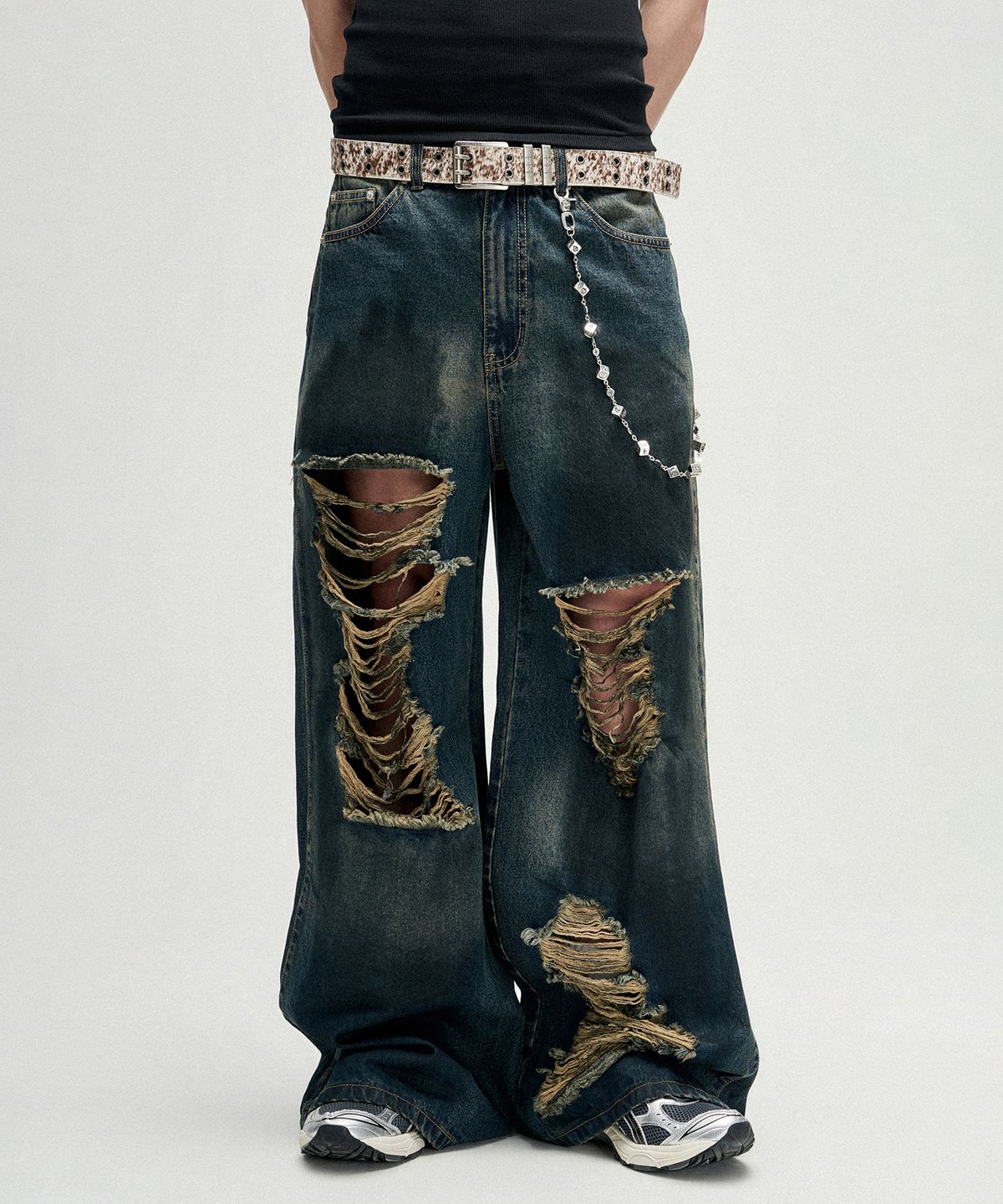 낫포너드(NOT4NERD) Distressed Oil Washed Wide Denim Pants - Deep Blue