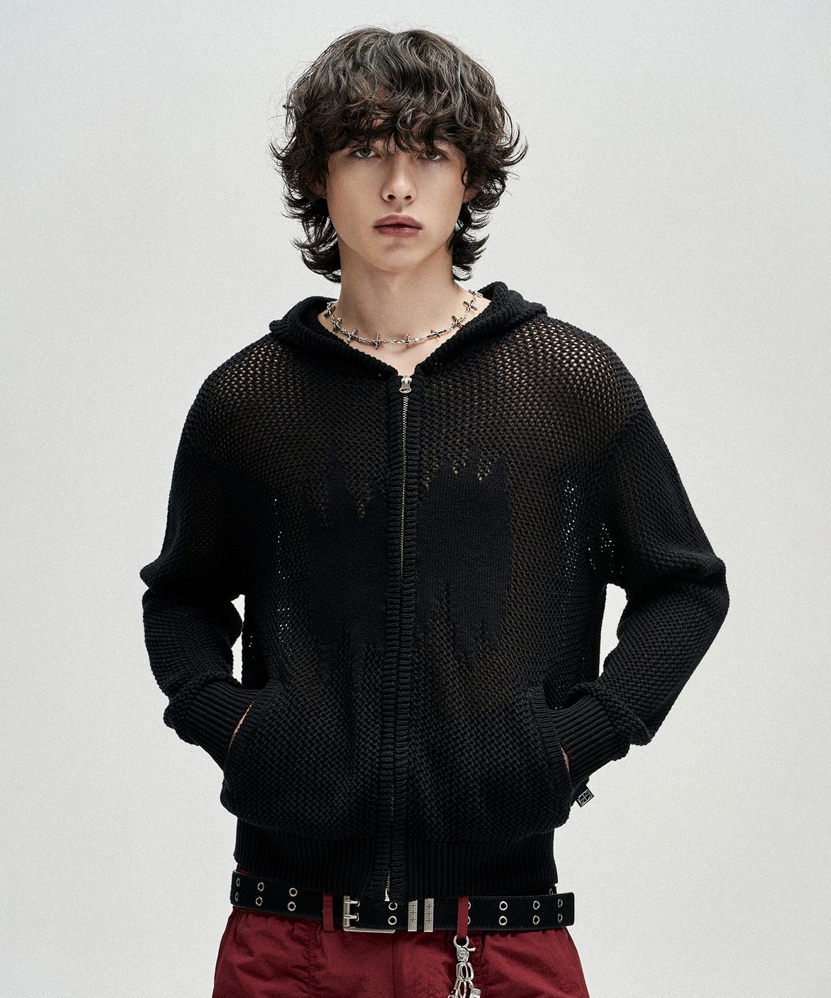 낫포너드(NOT4NERD) Candle Crochet Knit Hood Zip Up - Black