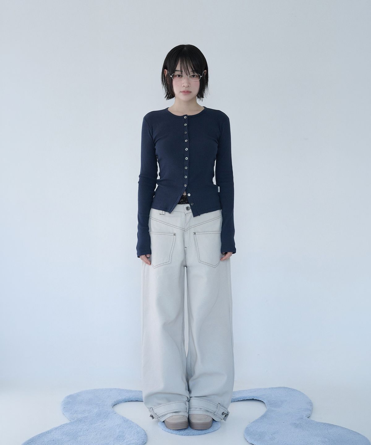 미레코(MIRECO) BUTTON RIBBED CARDIGAN NAVY