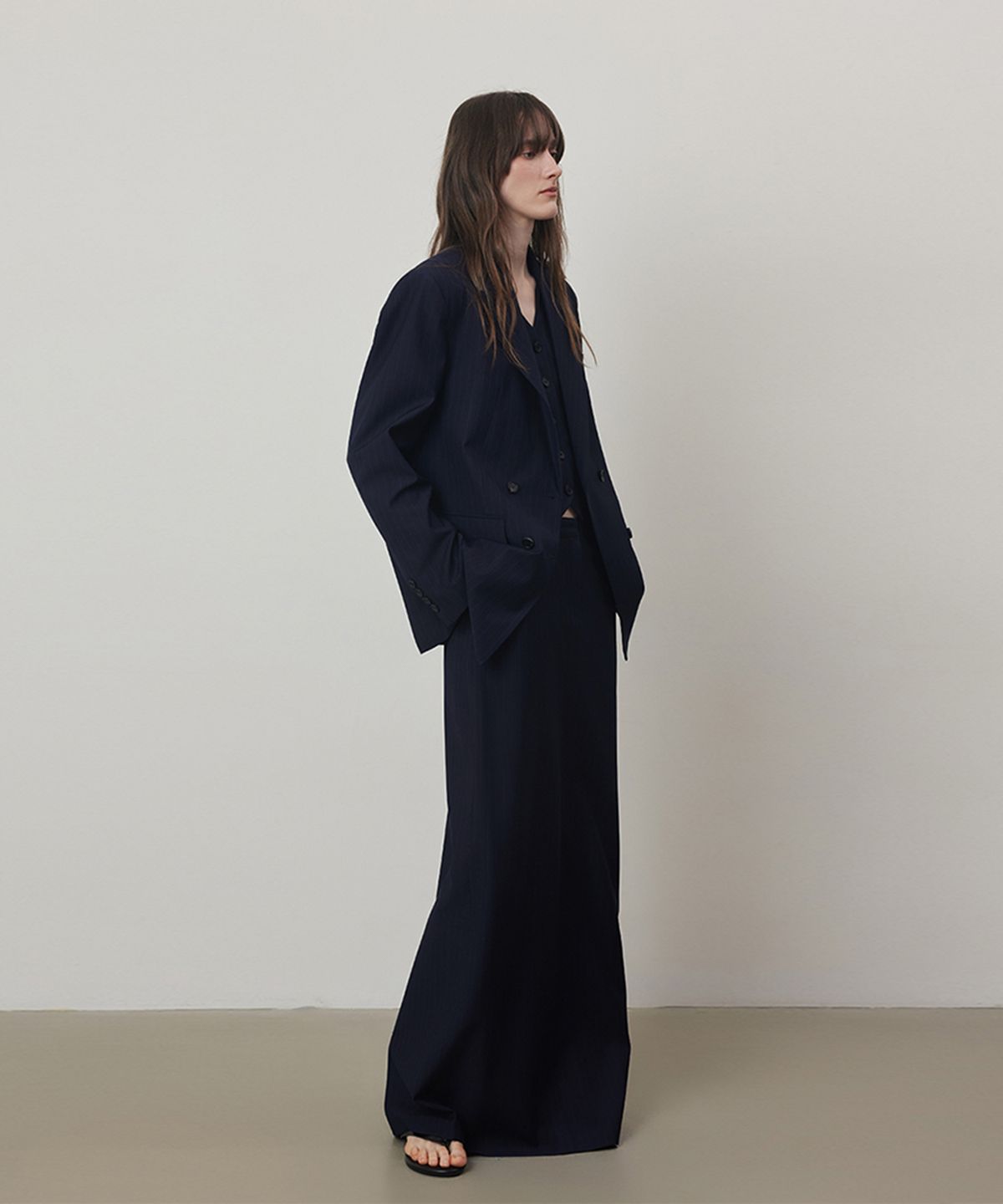 퀸스래빗(Q'SRB) Stripe Four Set Up Suit-H Line Long Slit Maxi Skirt